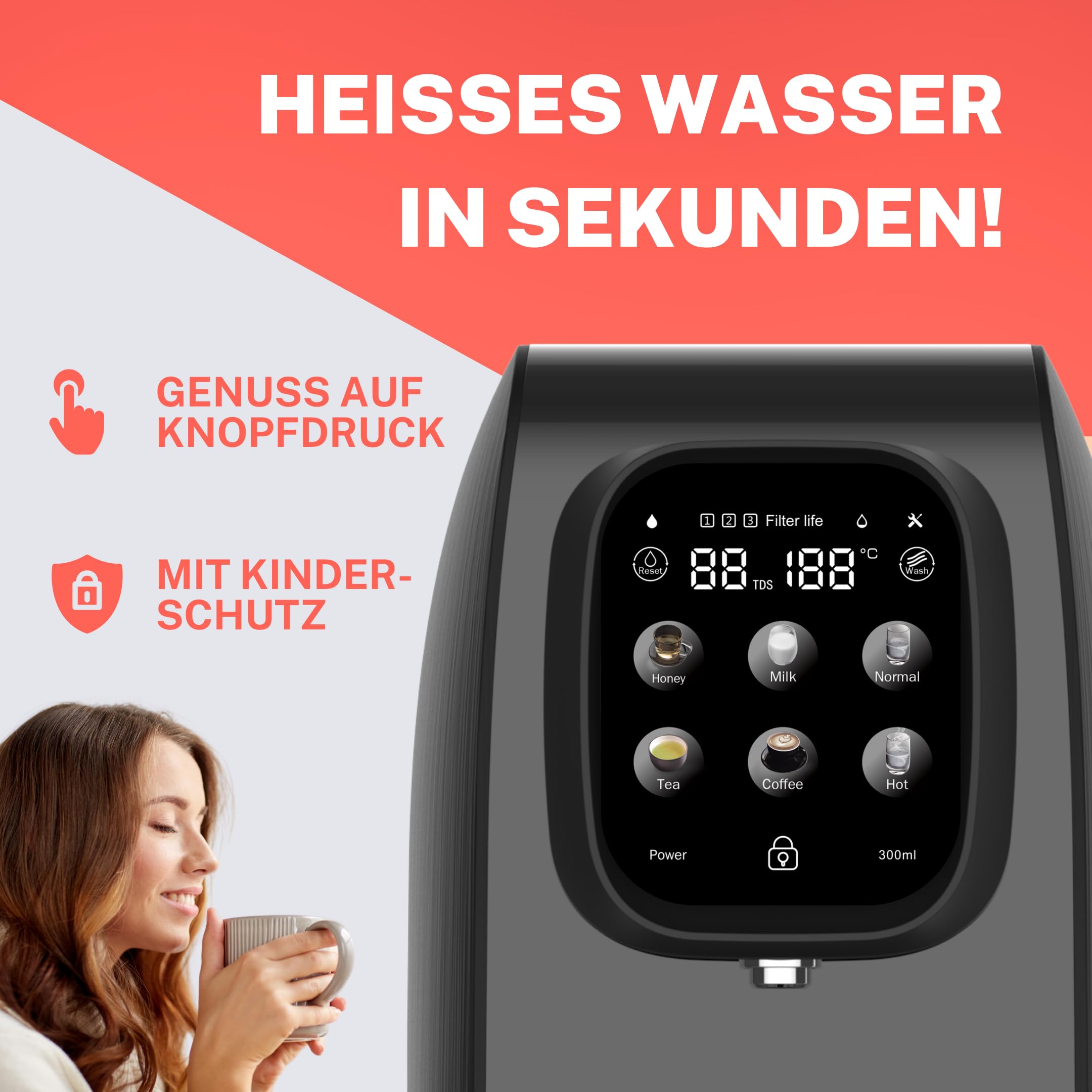 Pro 5-in-1 Osmoseanlage [Schwarz | 6 Temperaturstufen | 5 Filterstufen] – Mobiler Wasserfilter ohne Anschluss – Umkehrosmose für Küche, Büro & Wohnmobil – Kalkfreies, reines Trinkwasser