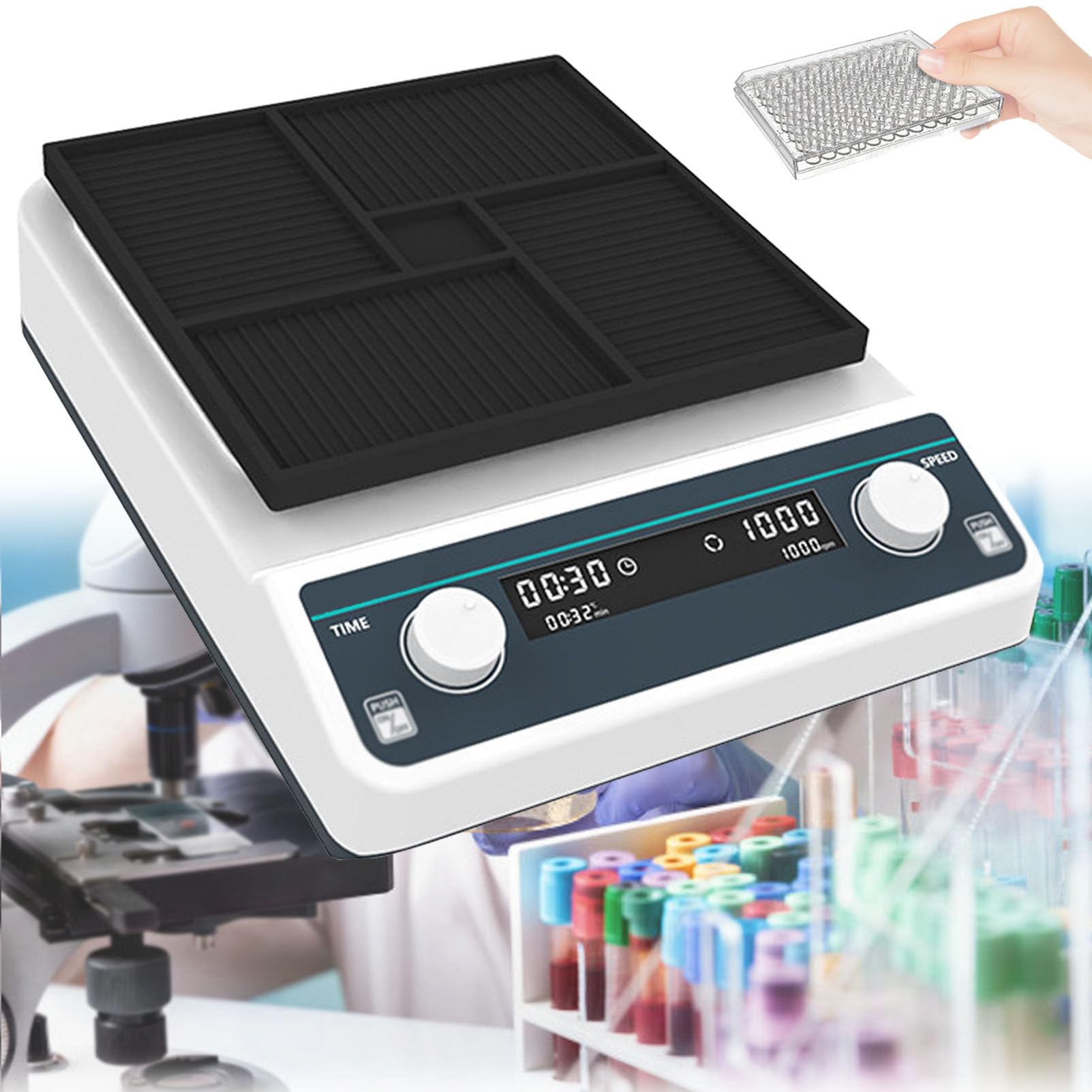 Agitatore orbitale da laboratorio con display digitale per micropiastre, velocità regolabile da 500 a 1200 giri/minuto, con modalità temporizzata da 1 minuto a 8 ore, oscillatore orizzontale