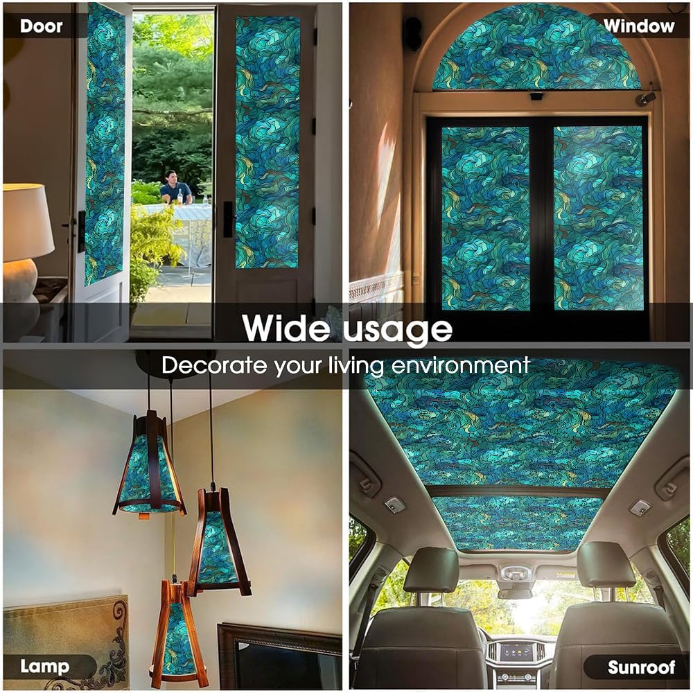 16“x118 Green Blue Abstract Art Double Side Window Films Art Decorative Privacy Tinting Film Self-Adhesive Static Glass Window Clings Stickers for Living Room Bathroom Glass Decor