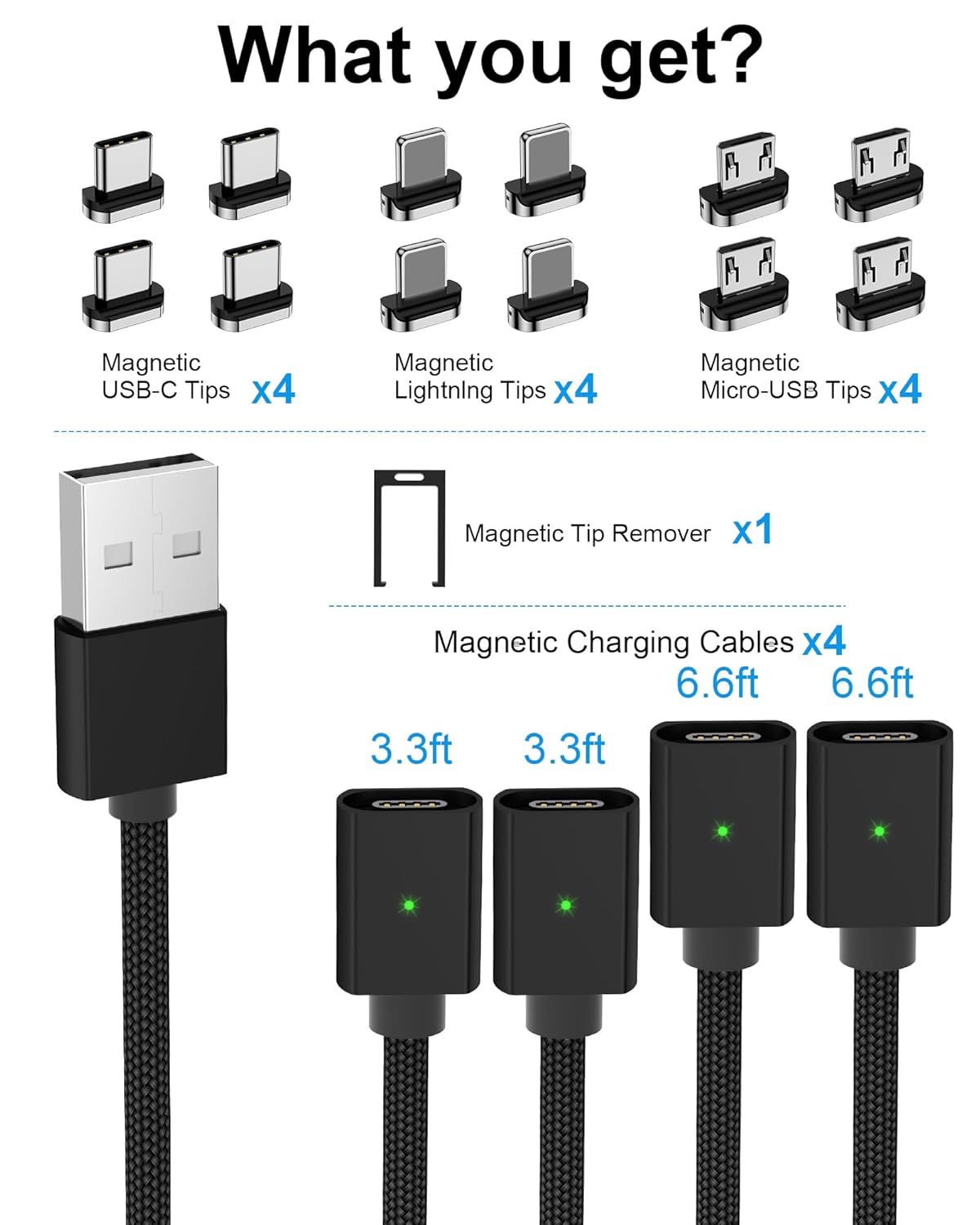ZBF Magnetic Charging Cable 3A Fast Charging (4-Pack, 3.3/3.3/6.6/6.6 ft) 3 in 1 Magnetic Phone Charger, 480Mbps Data Transfer, USB A to Type C Charger Cable for USB-C/IproductMicro USB Device(Black)