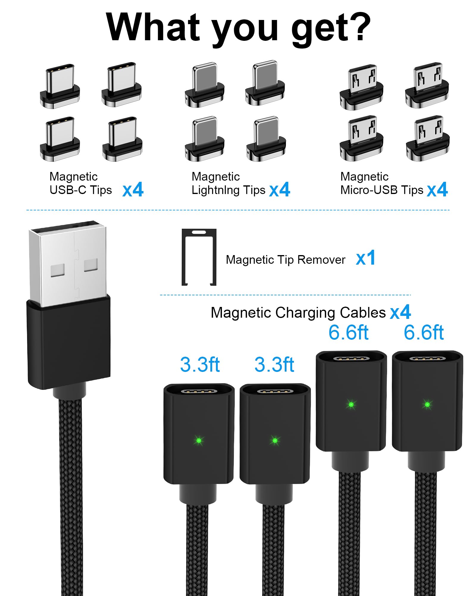 Magnetic Charging Cable (4Pack, 3.3ft/3.3ft/6.6ft/6.6ft)/360°&180° Rotating Magnetic USB C Charging Cable With LED/Magnetic Charger Cable/Magnetic Phone Charger Cord-Nylon Braided For More Devices