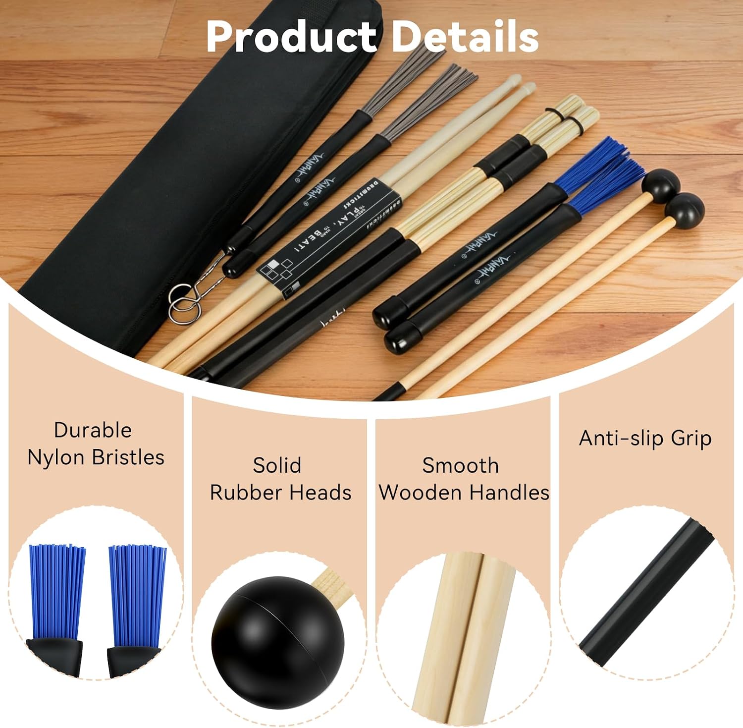 Drum Stick Bag Set Include 5 Pair Drum Sticks Mallets Brushes Set | with Portable Storage Black Bag Percussion Instrument Accessories for Jazz Acoustic Drummer Practice, Rock Band, Students