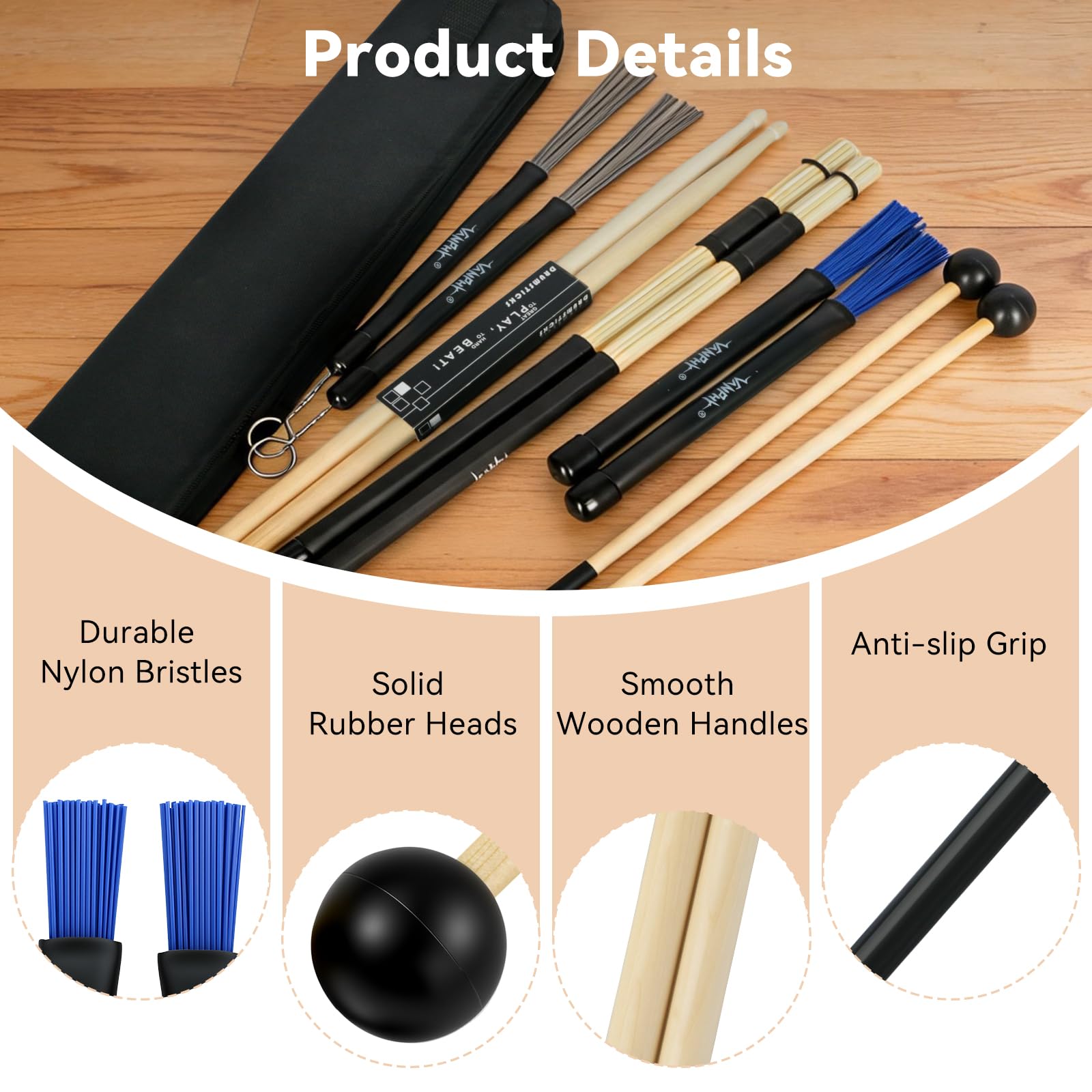 Il set include 5 paia di bacchette per batteria, set di pennelli con custodia portatile, accessori per strumenti a percussione, per esercitazioni di batteristi acustici, rock band, studenti