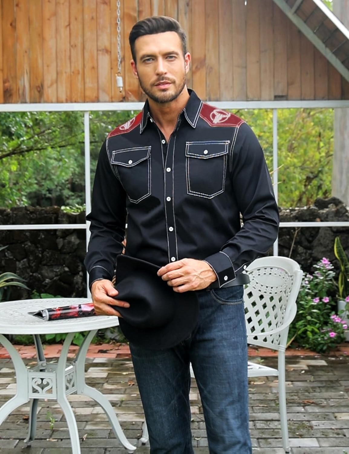 Men's Western Cowboy Shirt Long Sleeve Embroidered Casual Button Down Shirt - Image 3