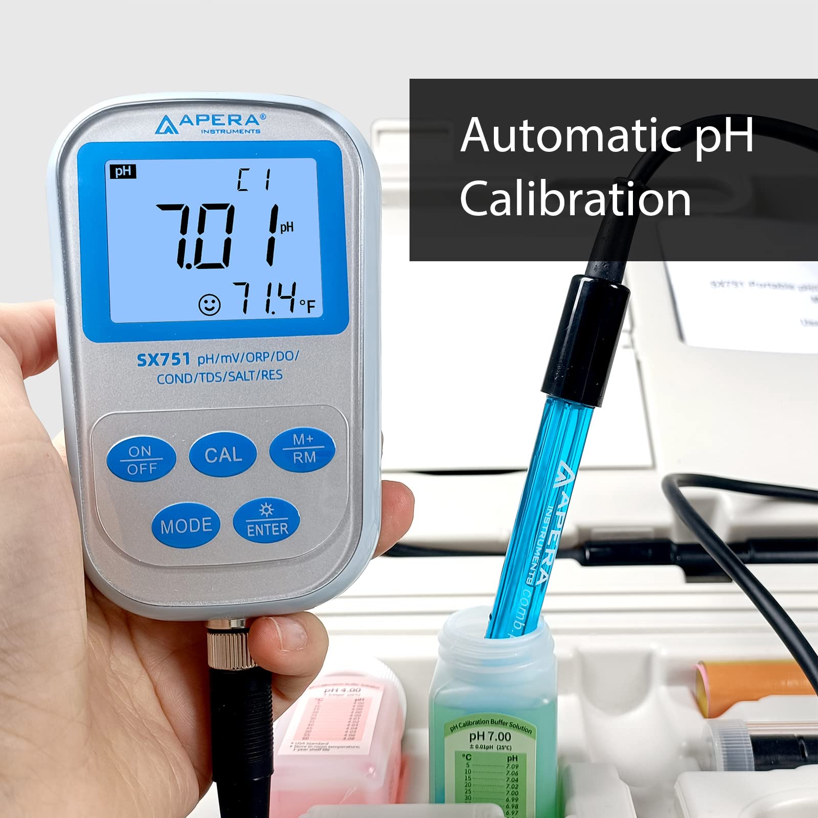 Apera Instruments SX751 pH/DO/ORP portátil/conductividad/TDS/salinidad/resistencia/juego de medidores en maletín (impermeable, función de memoria, compensación automática de temperatura y calibración)