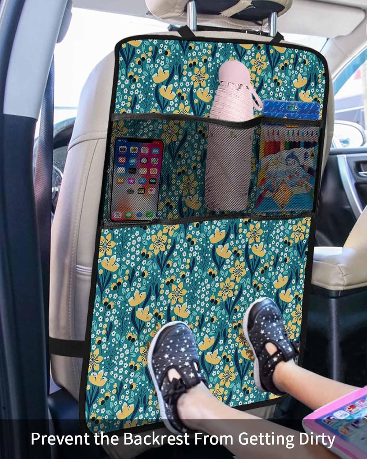 T&H XHome Car Seat Protector, 2 Pack Kick Mats with Organizer - 3 Pocket Storage, Summer Yellow Flowers Blue Texture Back Seat Cover for Kids Universal Fit Automotive Interior Protectors