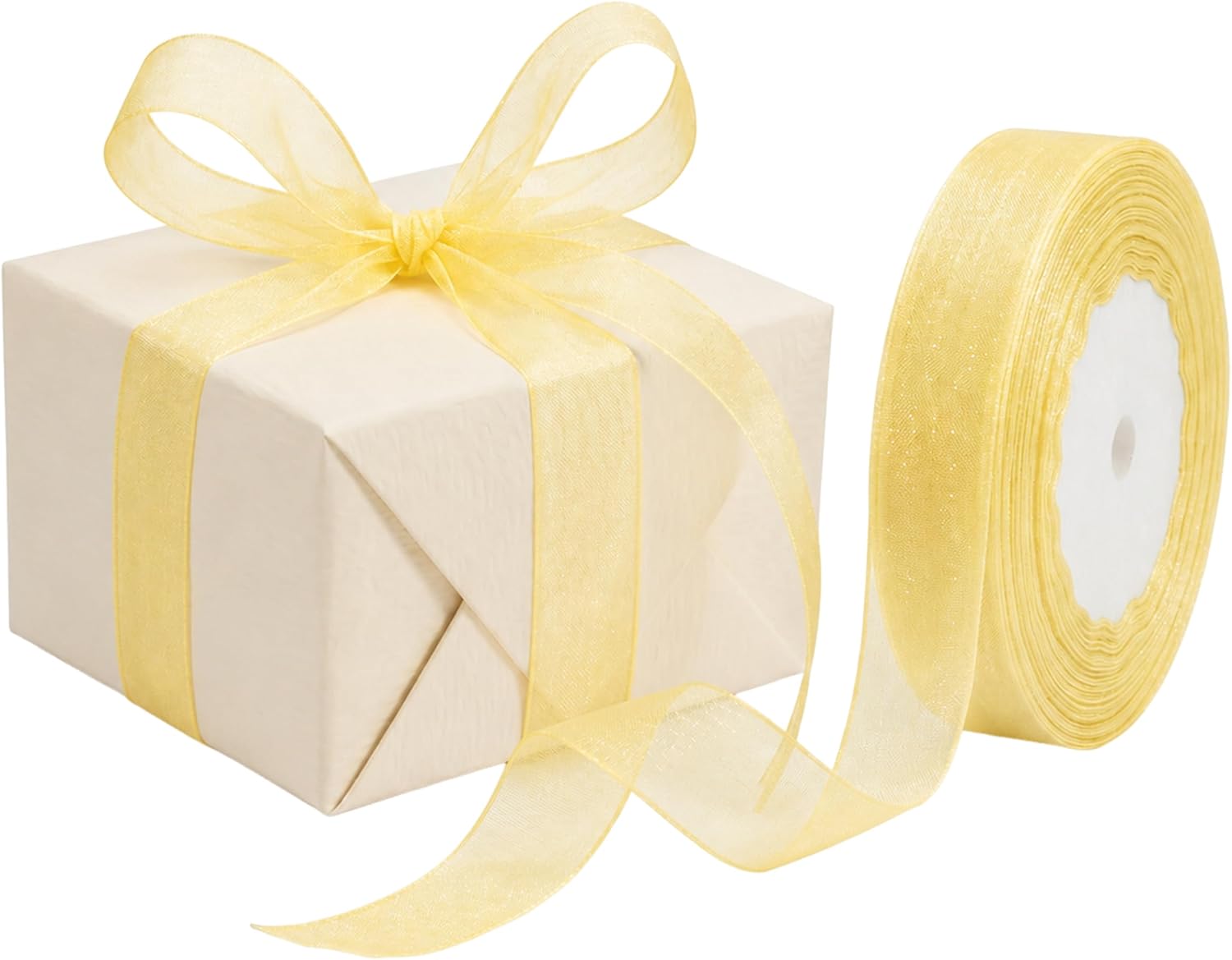 6/8 Inch Organza Ribbon Sheer Chiffon Tulle Fabric for Gift Wrapping, 50 Yards Decorative Ribbon for Bows, Flower Bouquet, Wedding Party Decor, Crafting Supplies & DIY Embellishments - Light Yellow