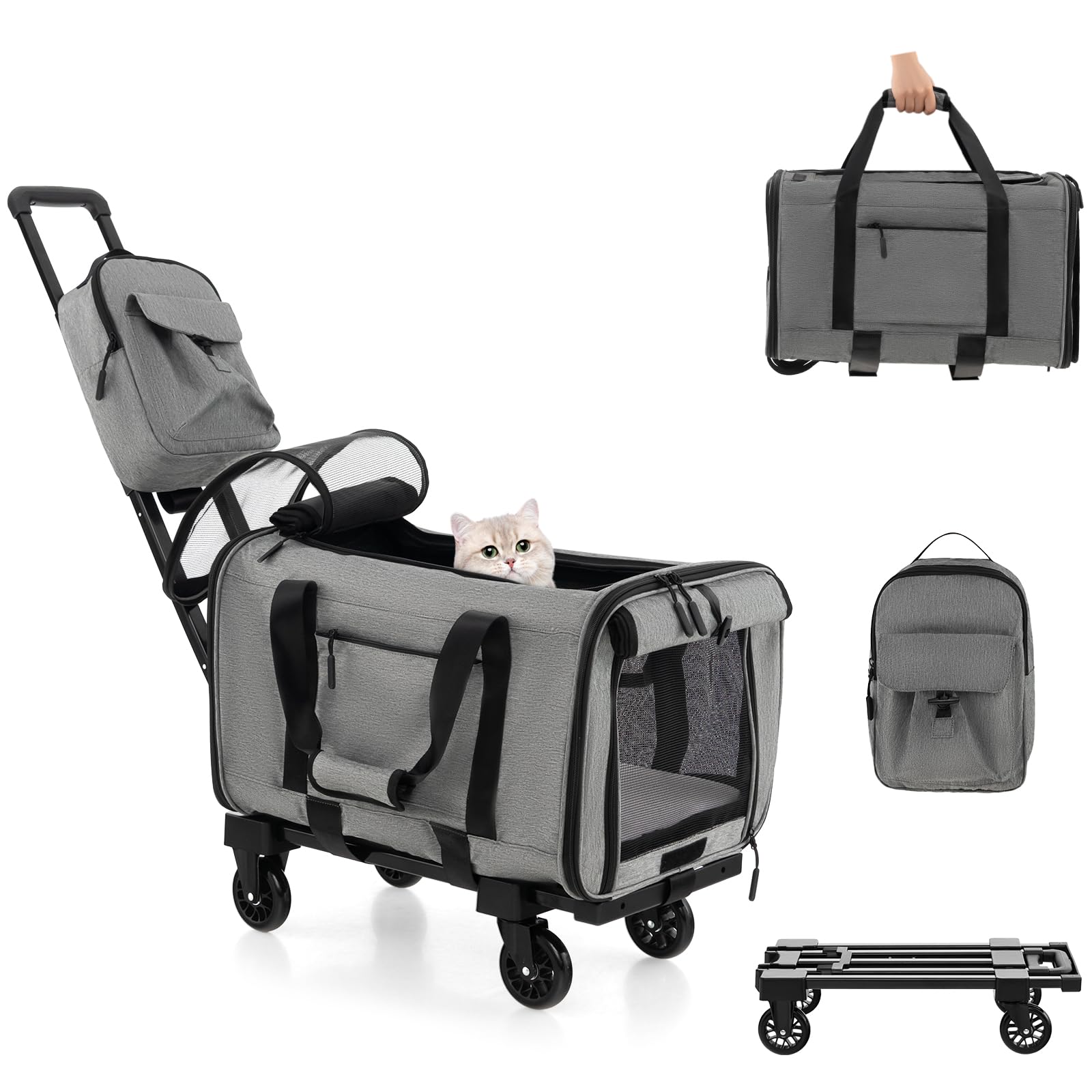 GYMAX Transportín Portatil Mochila para Gatos, Carrito para Mascotas con Asa Telescópica, Bolsa de Transporte, Bolsa de Transporte de Viaje para Mascotas Pequeñas y Medianas, Gris