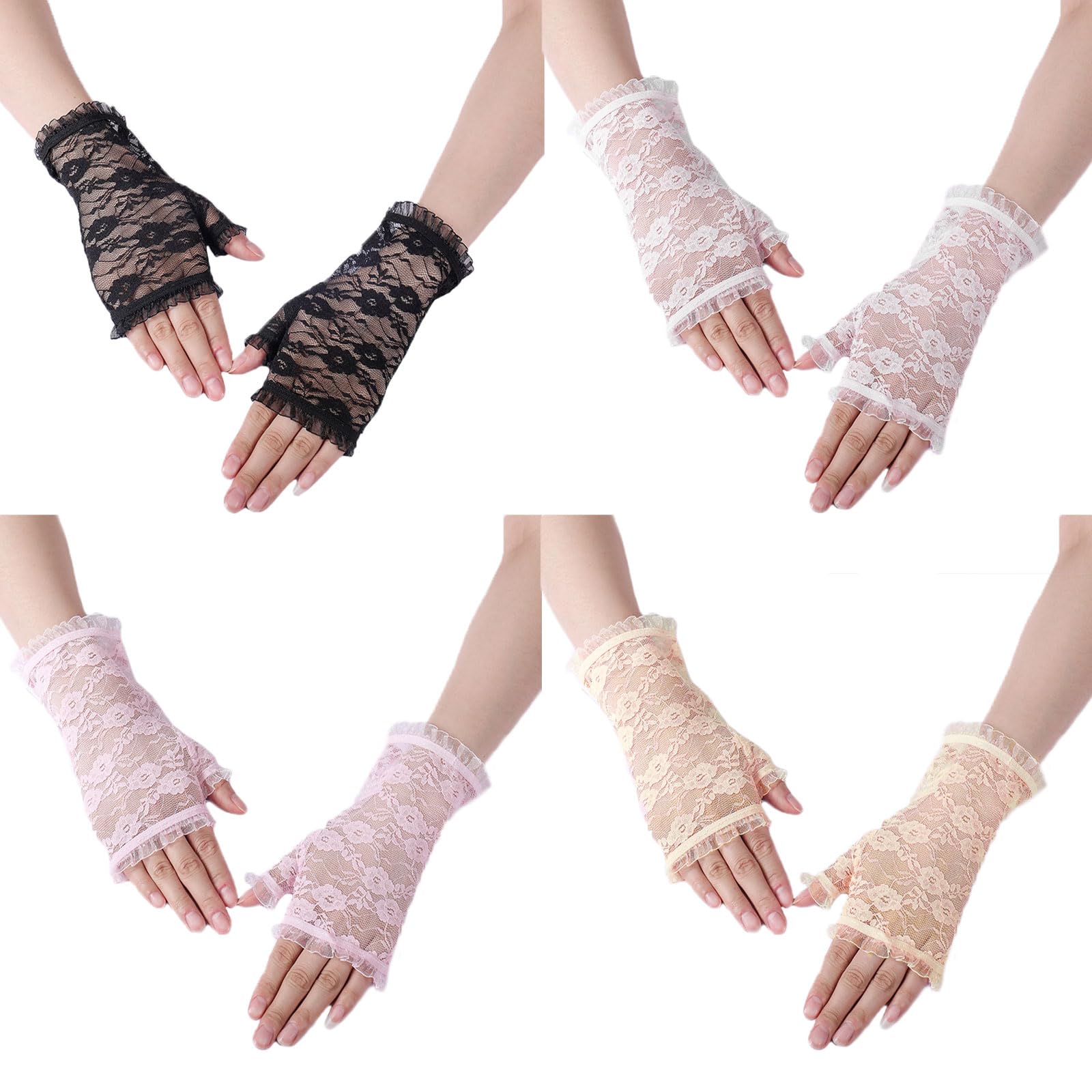 EUPSIIU 4 Piezas Guantes de Encaje, Mujer Elegantes Guantes, Vintage Cortos Guantes, Floral Guantes, Boda Opera Guantes, Vestido Guantes, para ópera, Noche Fiesta, Conducción