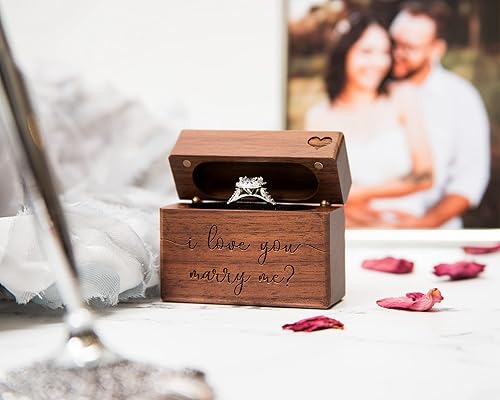 Vista 25 de MUUJEE Grow Old With Me Engraved Wooden Ring Box, Slim Engagement Proposal Ring Holder, Wedding Ceremony Ring Bearer Box, Fiance Gift Ideas
