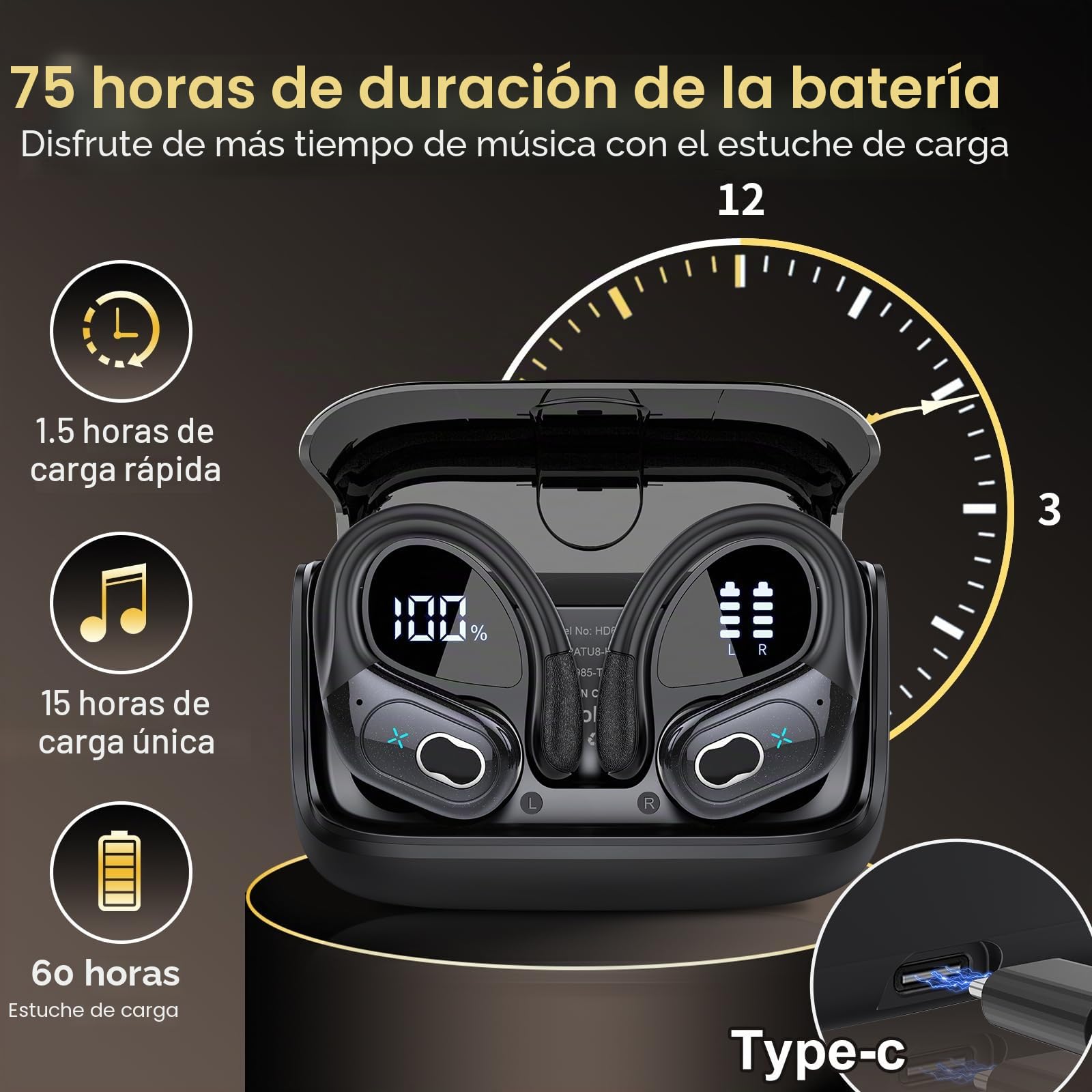 Auriculares Inalámbricos Deportivos, Auriculares Bluetooth 5.4 con App Inteligente y ENC Mic, 75H Cascos Inalambricos con Pantalla LED Digital, IP7 Impermeable Cascos para Gym y Running, Negro