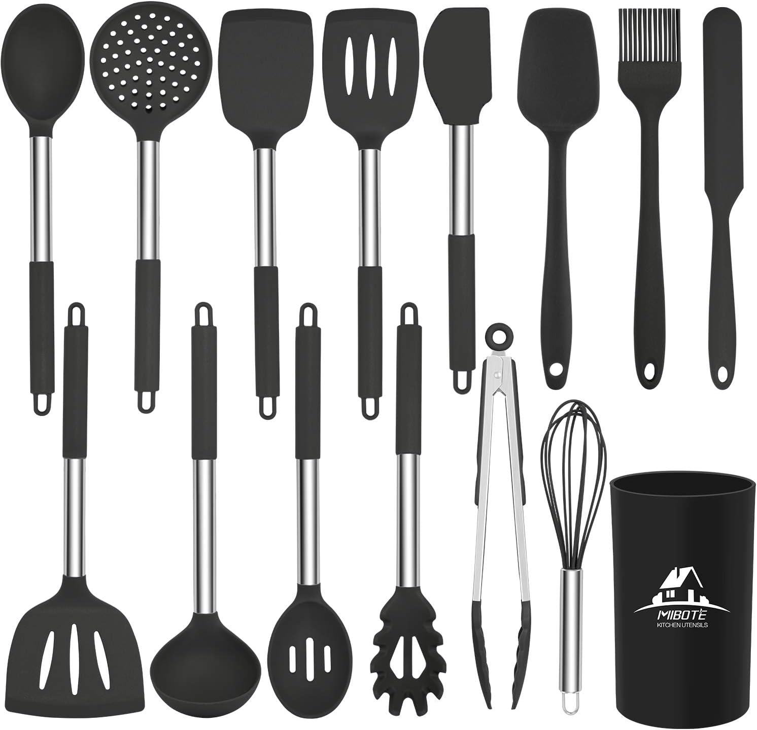 MIBOTE Kitchen Utensils Set, 14 pcs Silicone Cooking Kitchen Utensils Set with Heat Resistant BPA-Free Silicone and Stainless Steel Handle Turner Spatula Spoon Tongs Whisk Cookware Kitchen Tools Set
