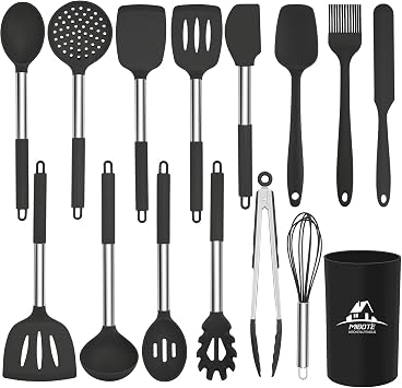 MIBOTE Silicone Kitchen Utensils Set, Cooking Utensils Set with Heat Resistant BPA-Free Silicone and Stainless Steel Handle Kitchen Tools Set Black