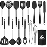 MIBOTE Silicone Kitchen Utensils Set, Cooking Utensils Set with Heat Resistant BPA-Free Silicone and Stainless Steel Handle Kitchen Tools Set (Black)
