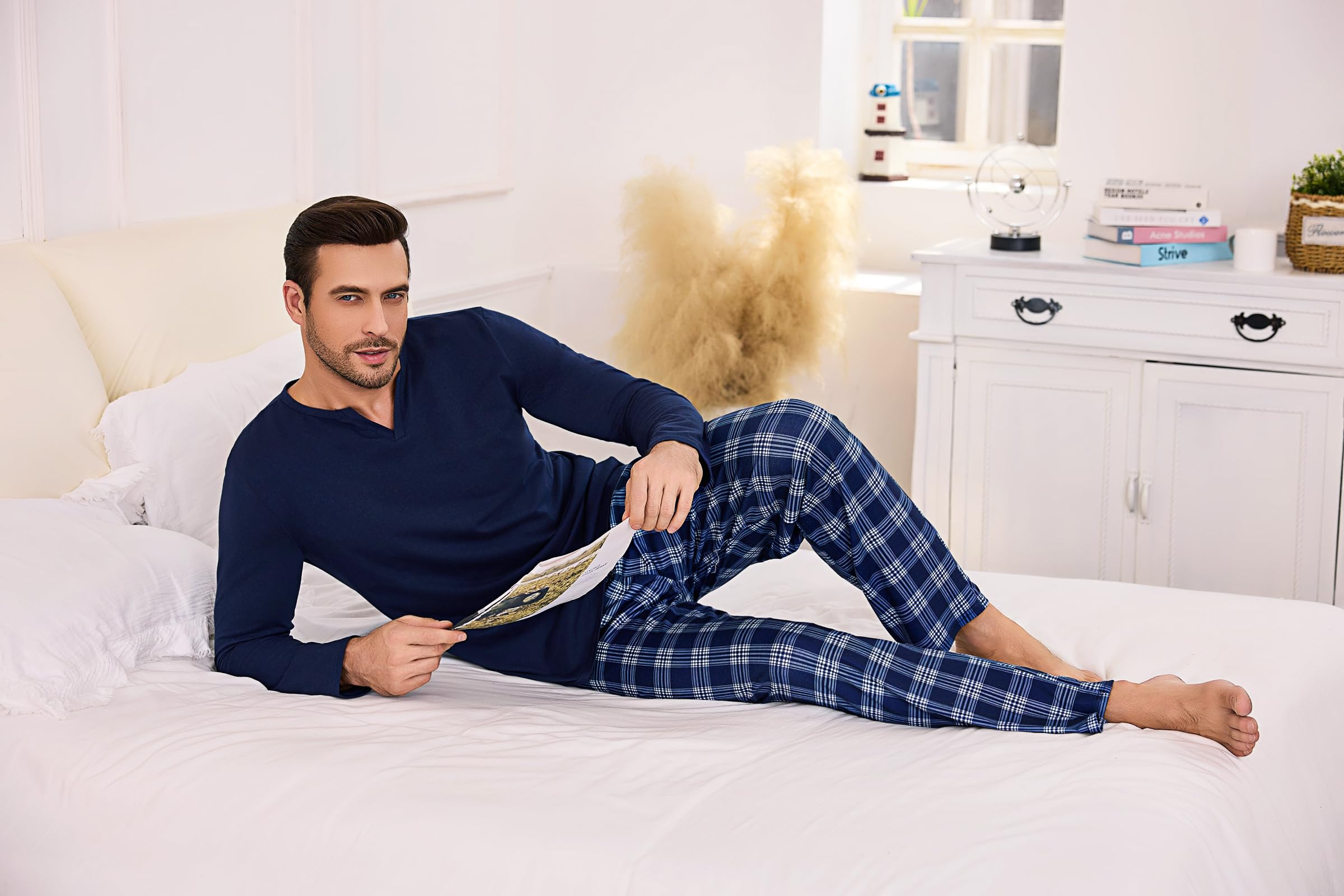 Bresdk Pyjama Homme Hiver Ensembles de Pyjama Coton Manches Longues Vêtements de Détente Doux Carreaux Long Loungewear 2 Pièces