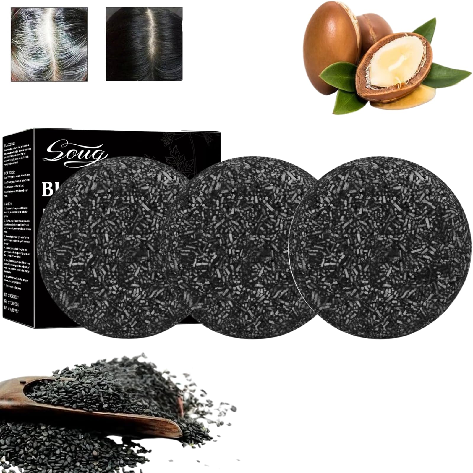 EIVJEC 3PCS Gray Hair Reverse Bar Soap,Gray Hair Bar Shampoo,Herbal Mane Gray for Men & Women, Deep Scalp Cleansing & Strengthening