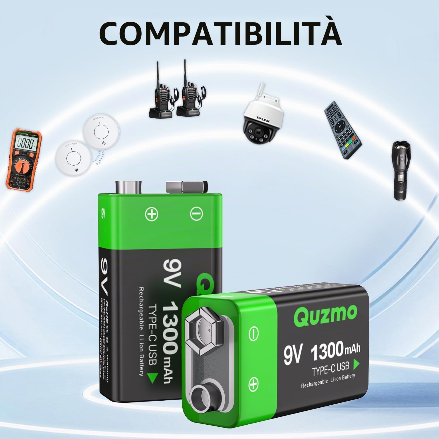 Batterie al litio ricaricabili USB 9 V, 1300 mAh, ricaricabili ad alta capacità da 9 V, con cavo di ricarica rapida USB-C 2 in 1, metal detector, multimetro (confezione da 4)
