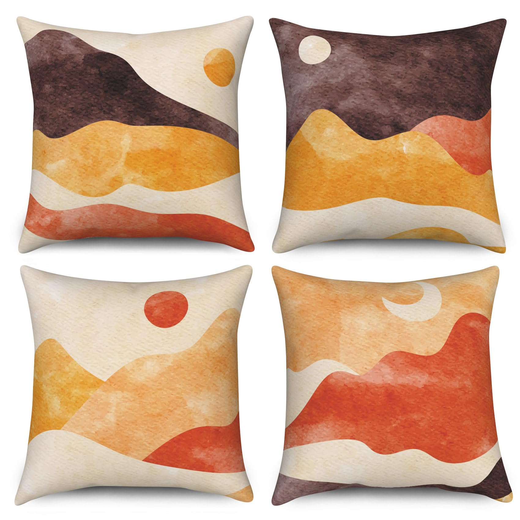Yanutan Throw Pillow Covers Bohemian Mountain Sun Decorative Velvet Pillow case Boho Abstract Pattern 4-Pack Double-Side Printed Pillowcases
