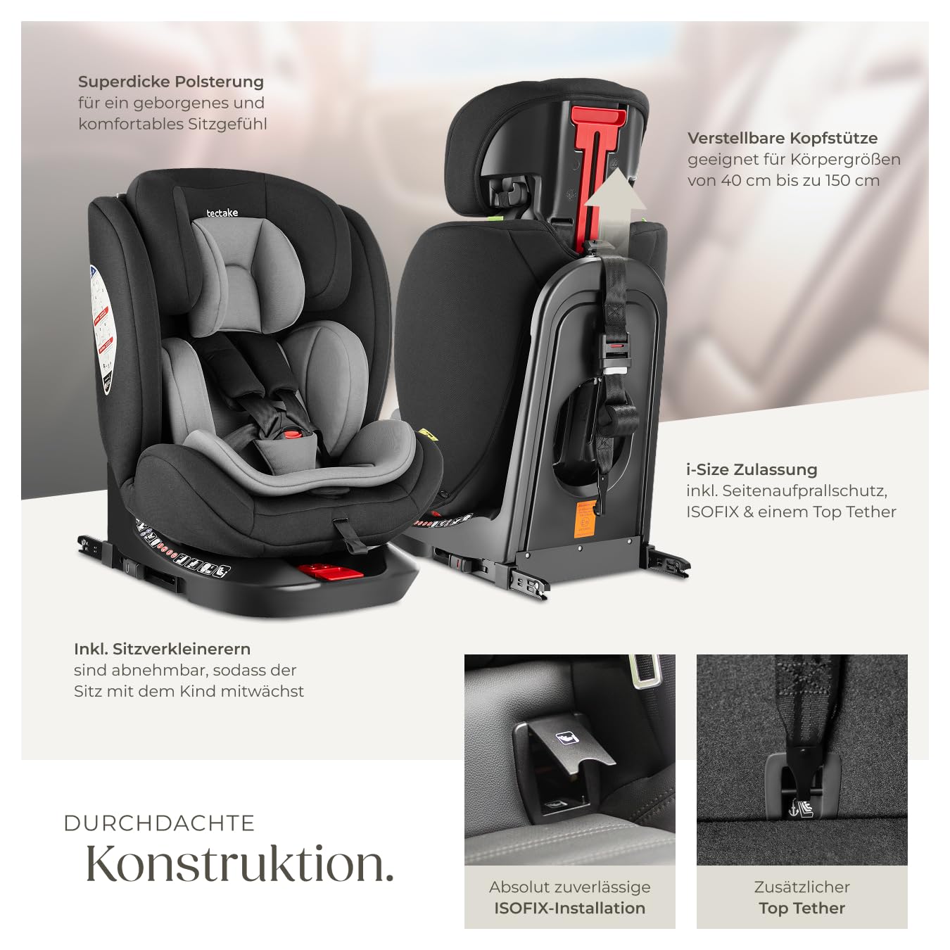 tectake® Kindersitz drehbar für Kinder von 40-150 cm, Kindersitz Isofix, i-Size (ECE R129), Autokindersitz bis 36 kg, 360° drehbar, Autositz Befestigung mit 5-Punkt Sicherheitsgurt und Top Tether