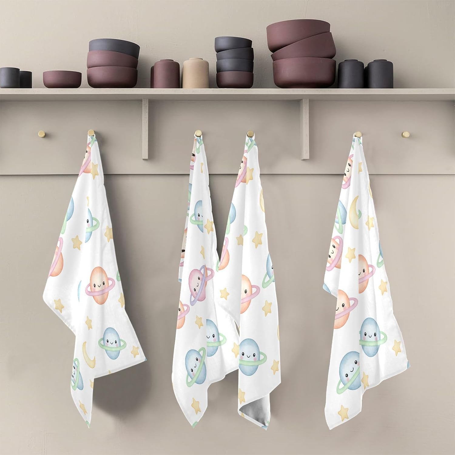 Cute Planets Kitchen Towels Set of 6, Soft Absorbent Quick Drying and Reusable Dish Towels for Kitchen, Bathroom and Home Decor, 18 x 28 in