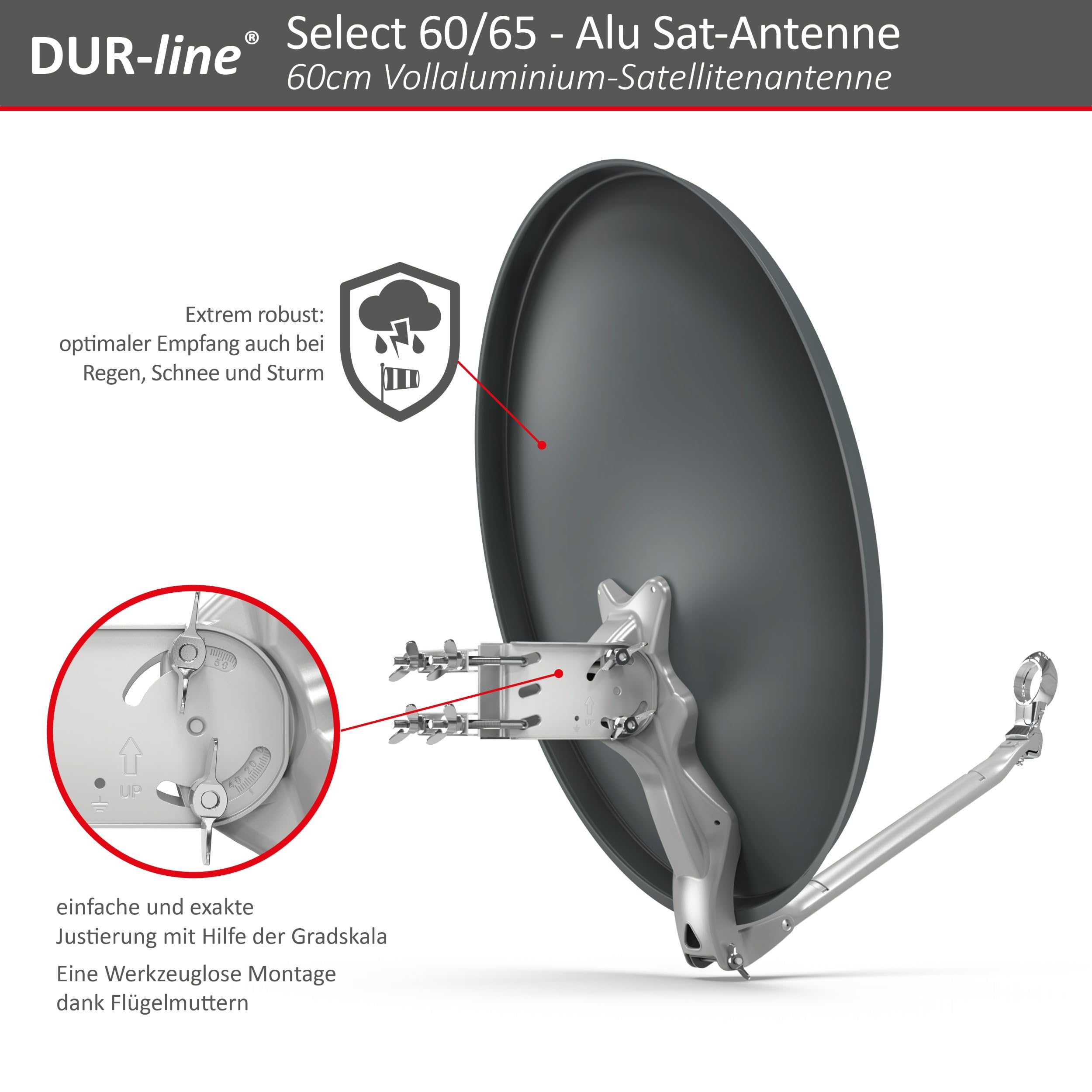 DUR-line 4 Teilnehmer Set Alu-Satelliten-Komplettanlage Select 60cm Spiegel Anthrazit Quad LNB DVB-S2 4K