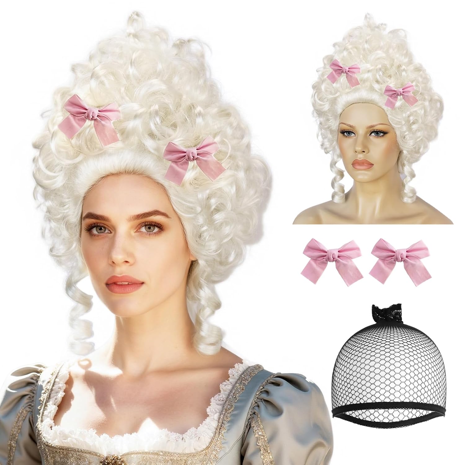 IMEYLE Platinum Blonde with 2 Bow Clips Colonial Victorian Wigs for Women Fluffy Baroque Renaissance Vintage Wig Rococo Wig Costume Outfit for Halloween Cosplay Party + Hair Cap