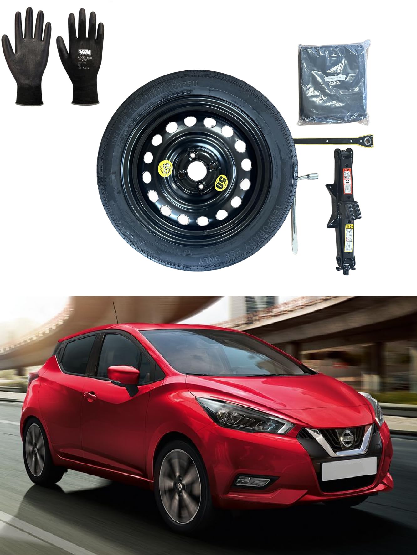 Kit Ruotino di Scorta 16" compatibile con Nissan Micra (2017>) con Cric, Chiave, Guanti e Sacca