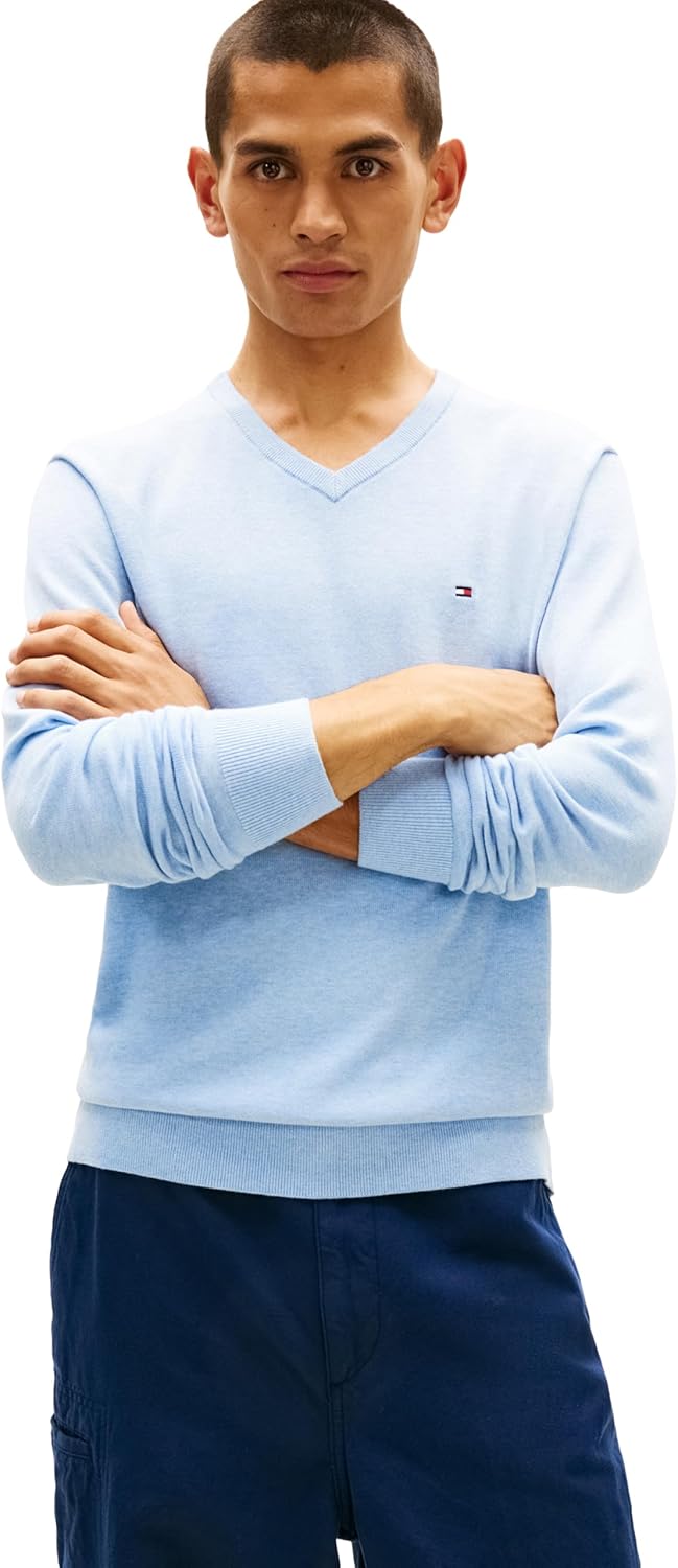 Tommy Hilfiger Mens Cotton Solid V Neck Sweater Lightweight Pullover