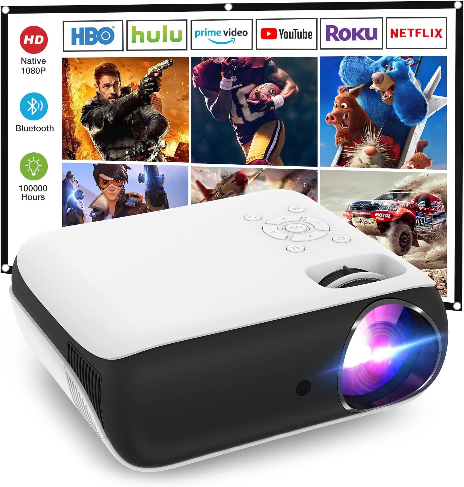 Projector, Native 1080P Bluetooth Projector with 100''Screen, 9500L Portable Outdoor Movie Projector Compatible with Smartphone, HDMI,USB,AV,Fire Stick, PS5