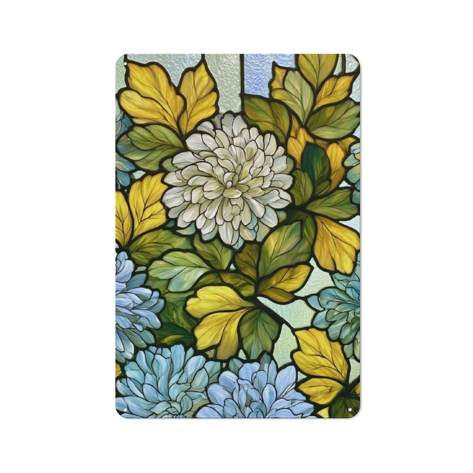 Jubonexis White Pale Blue Chrysanthemum Flower Pattern Tin Metal Signs Wall Art Decorations for Bar Pub Club Cafe Room Farmhouse White 30x20cm
