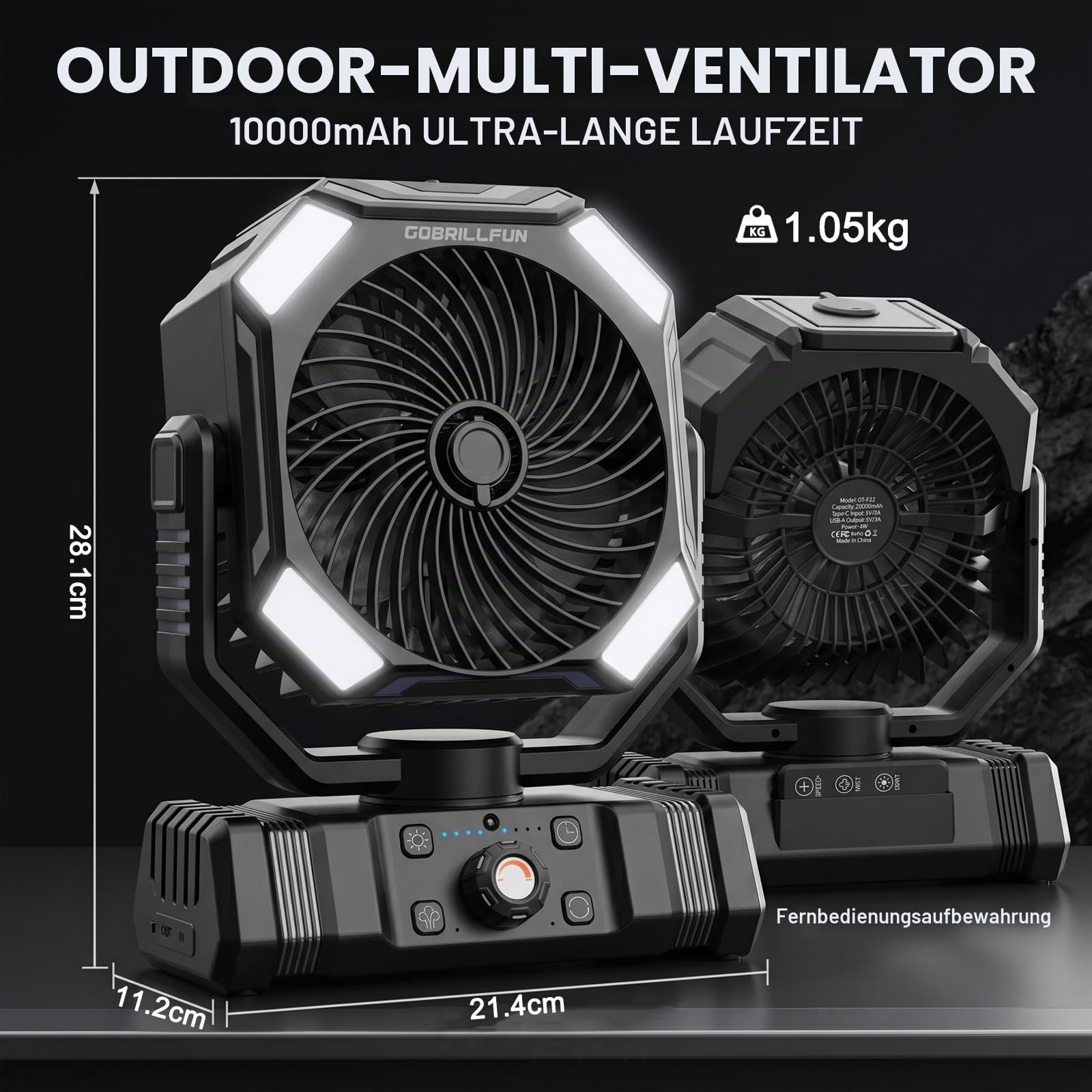 Akku Ventilator mit Sprühnebel, 10000mAh Wiederaufladbarer Tragbarer Ventilator, Oszillierender Kühlventilator, Fernbedienung, LED Licht, Timer für Camping Terrasse Strand Büro (Schwarz) | Wiederaufladbarer Oszillierender Ventilator mit 2 Nebelstufen, LED