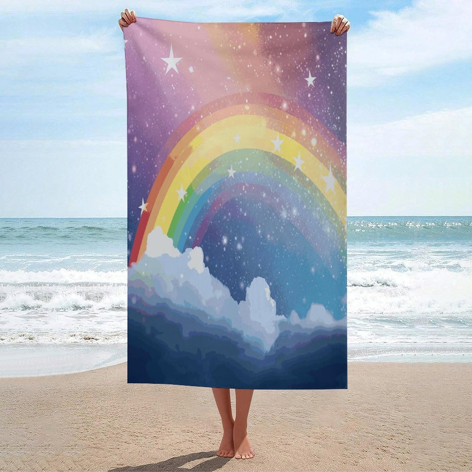 Adfgyerh Unisex Style Star In Rainbow Sky Bath Towels Beach Towel Lightweight Quick Dry, Bath Towel For Travel Sports Pool Swimming Bath Camping Yoga Adults130x80cm