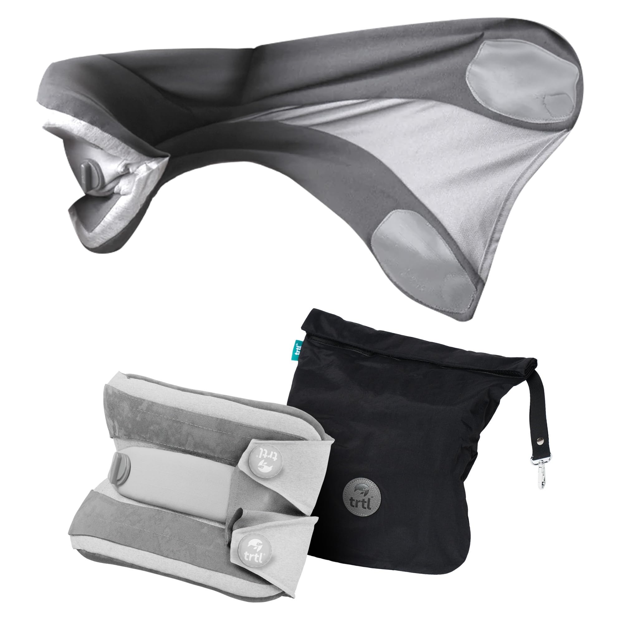 trtl Travel Pillow Plus Grau | Höhenverstellbares Nackenkissen für Flugzeug & Auto | Platzsparendes Reisekissen | Für alle Körpergrößen geeignet