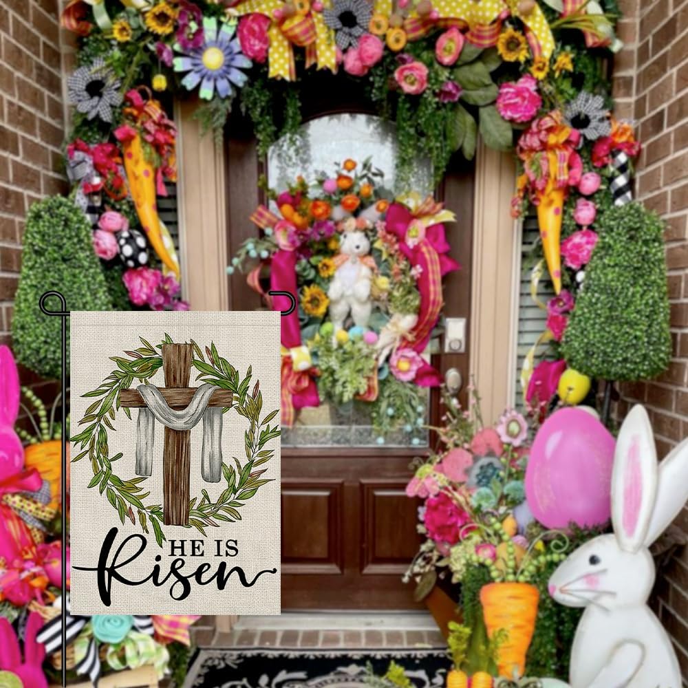 He Is Risen Easter Garden Flag 12x18 Inch Double Sided Burlap, Cross Wreath Sign Small Yard Outside Decoration DF443 - Image 5