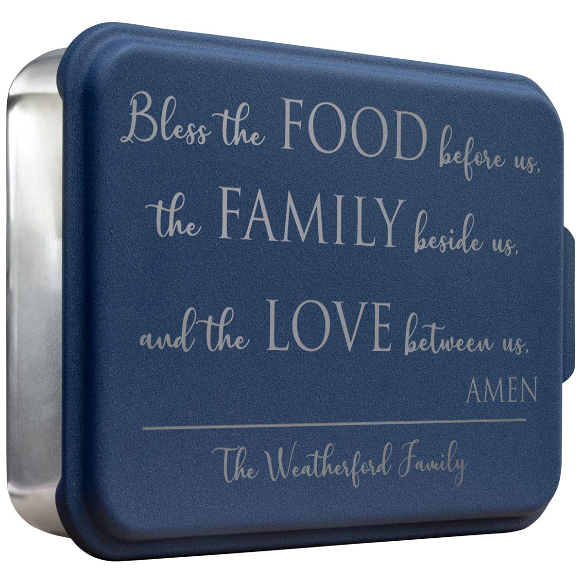 PlaqueMaker Bless The Food Before Us-Religious Prayer -Personalized Navy Blue Cake Pan with Lid - Include Your Family Name or Special Message. Great Housewarming or Wedding Gift