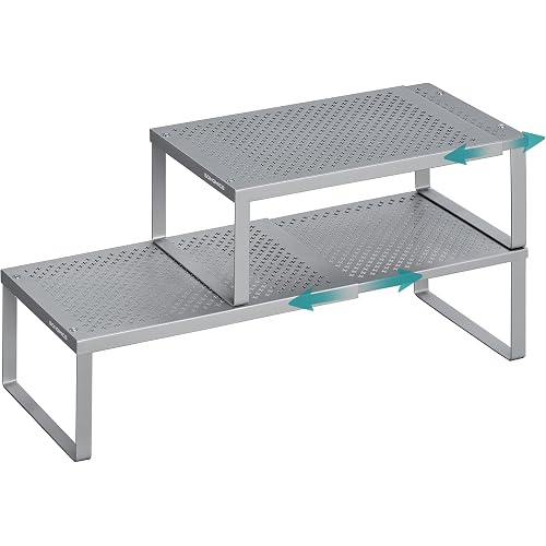 SONGMICS Spice Racks Expandable Kitchen Countertop Shelves, Metal | Set of 2 small cupboard organizers, space-saving tabletop shelves, Silver, UKCS402FG01