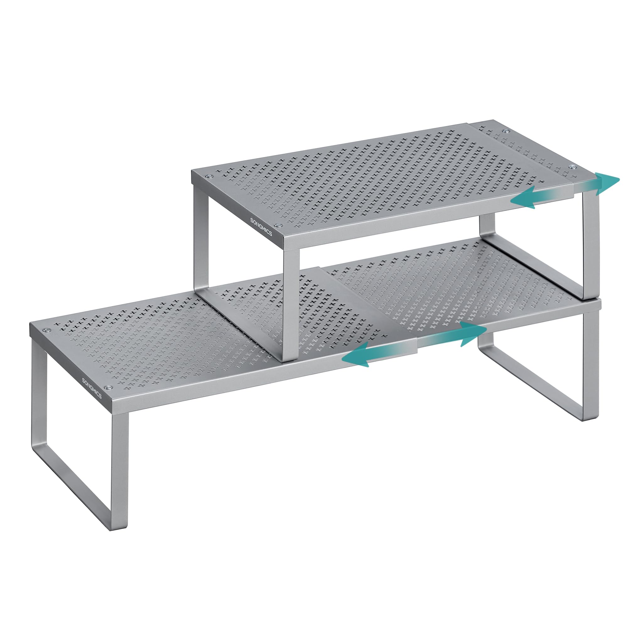 SONGMICS UKCS402FG01 Lot de 2 étagères à épices extensibles pour comptoir de cuisine, petits organiseurs de placard, étagères de table en métal, peu encombrantes, argent UKCS402FG01