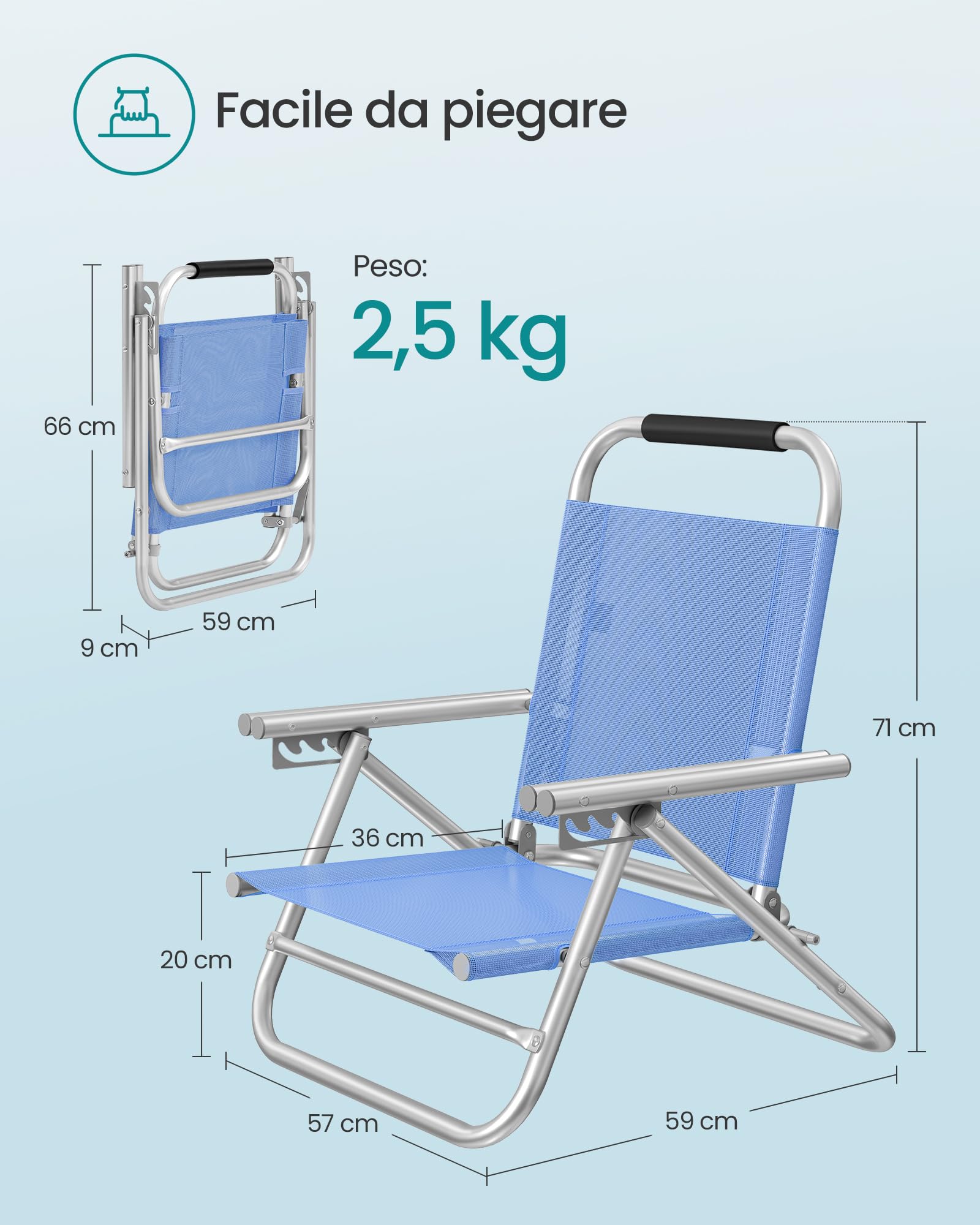 SONGMICS Sedia da Spiaggia, Sedia Pieghevole Portatile, Schienale Regolabile a 4 Angoli, con Braccioli, Traspirante e Confortevole, Poltrona da Campeggio, Blu GCB65BU