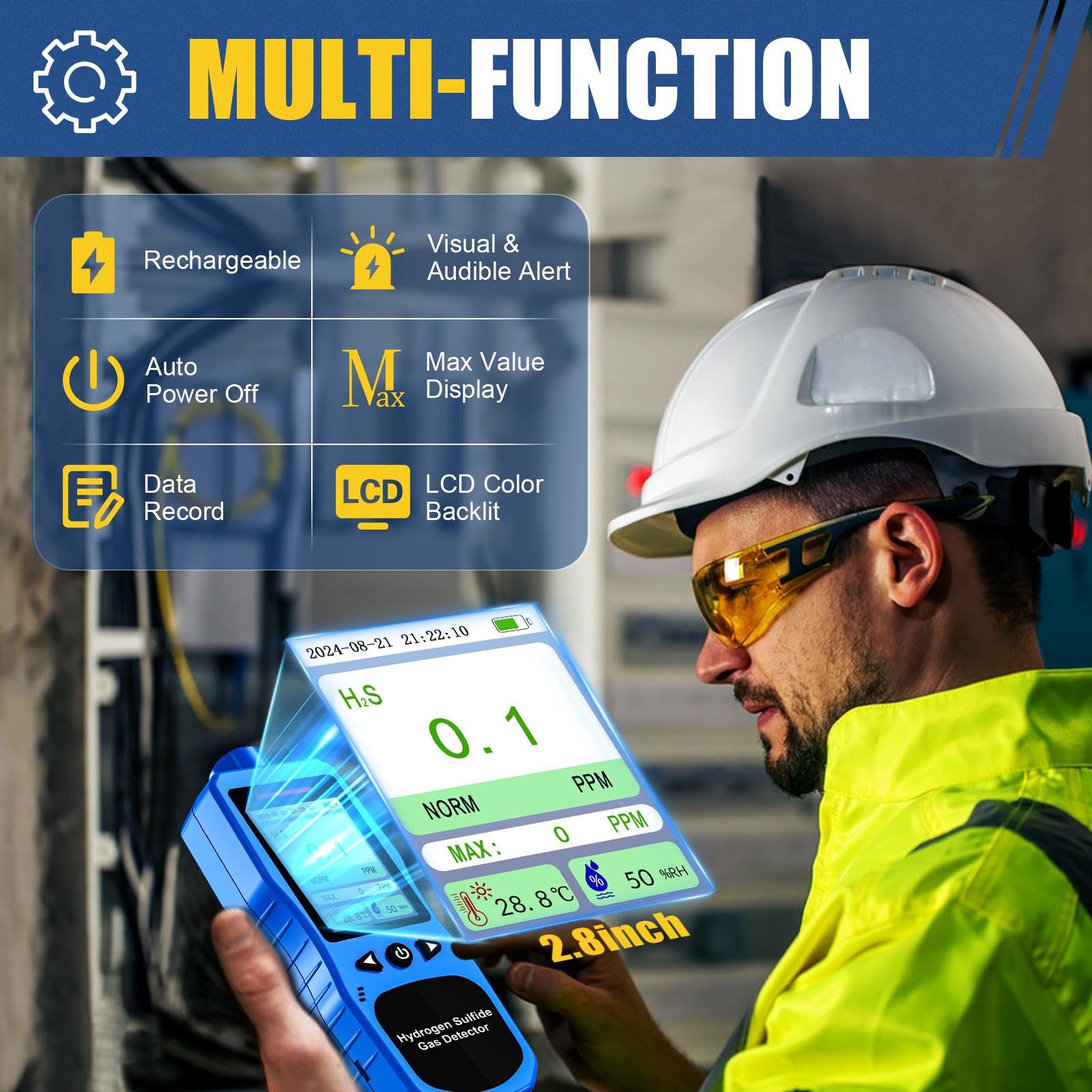 Monitor H2S 0-100PPM, Analizzatore di Gas Solfuro di Idrogeno, Misuratore di Qualità Dell'Aria Ricaricabile per Solfuro di Idrogeno con Tester di Temperatura e Umidità, Blu