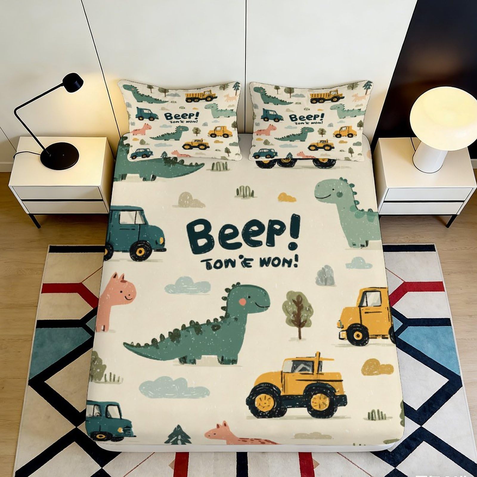 Dhbaneiok Style-5 3D Printed Dinosaur Truck Fitted Sheet Microfiber Soft Cartoon Construction Bed Cover For Bedroom Guest Room Decor 90X200x25cm