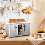 SEEDEEM Toaster 4 Slice, Stainless Toaster & Touch Control, LCD Display, 6 Bread Type, 7 Shade Settings, 1.5'' Wide Slots, Cancel/Defrost/Reheat, Removable Crumb Tray, 1800W, Silver Metallic