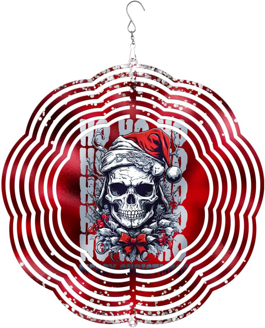 Skeleton Hohoho Merry Christmas Wind Spinners 3D Stainless Steel Laser Cut Metal Double Sided Printing-Hanging Indoor/Outdoor Decorations Yard Gardening Decor,Metal Kinetic Art 14x14 inches