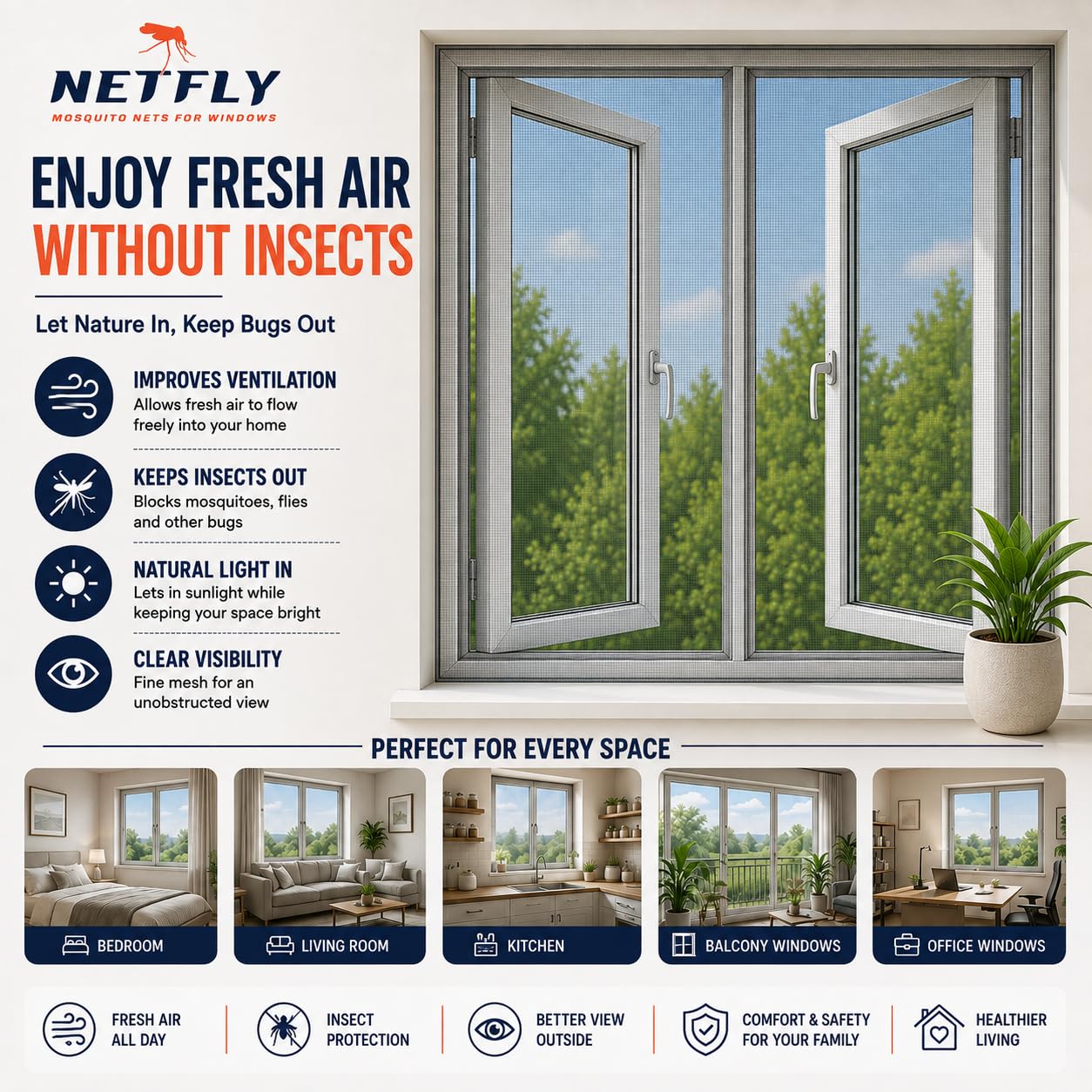 Netfly Mosquito Net for Windows 4×5 ft, Grey | DIY Self-Adhesive Insect Screen Mesh | Fine Mesh Fly & Bug Screen Curtain | Window Insect Protector | Fiberglass Mesh — Amazon image 5