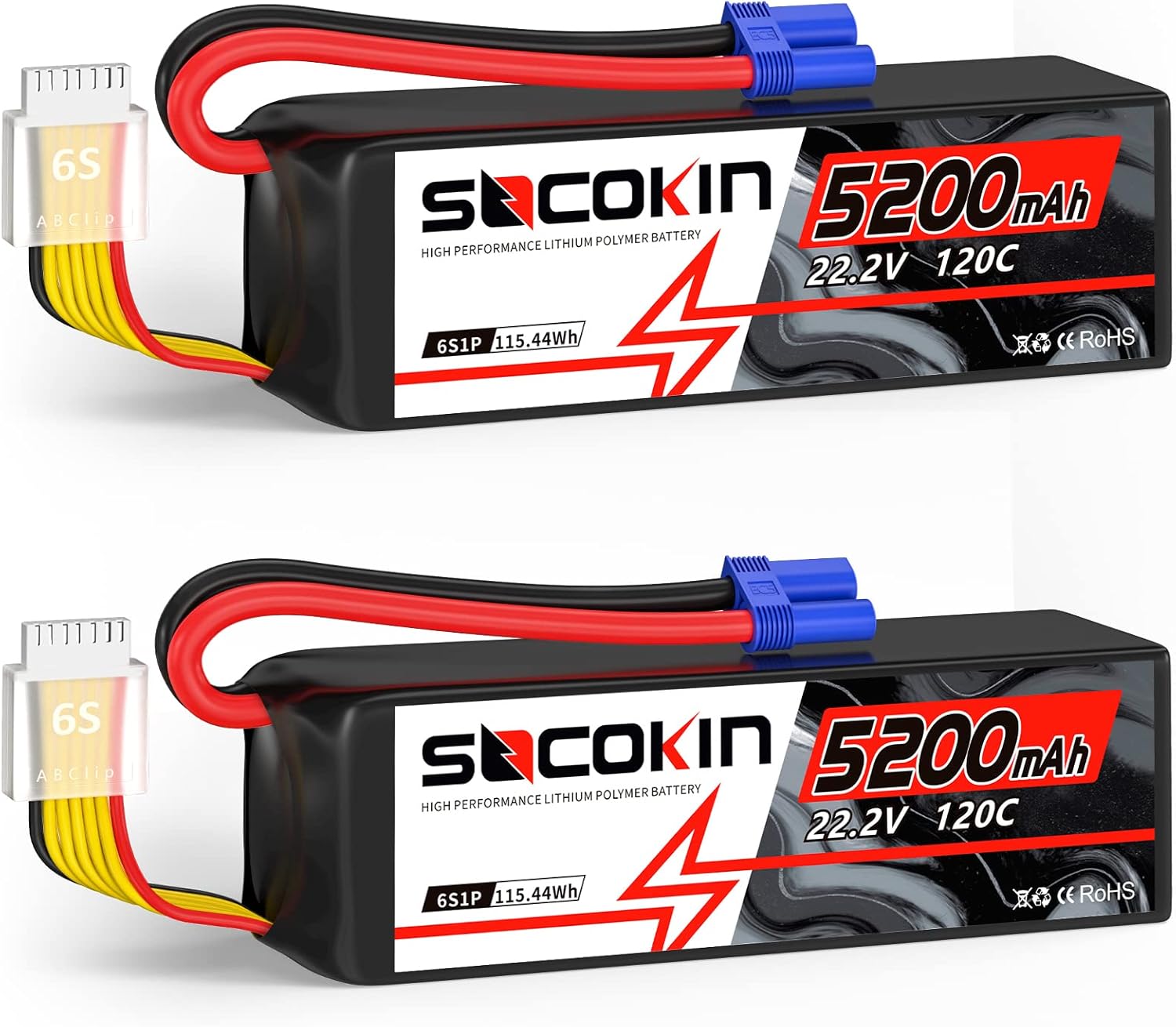6S 5200mAh Lipo Battery 22.2V 120C Lipo Battery with EC5 Connector Plug Soft Case for RC Car Airplane Quadcopter Helicopter Truck Boat Hobby (2 Packs)