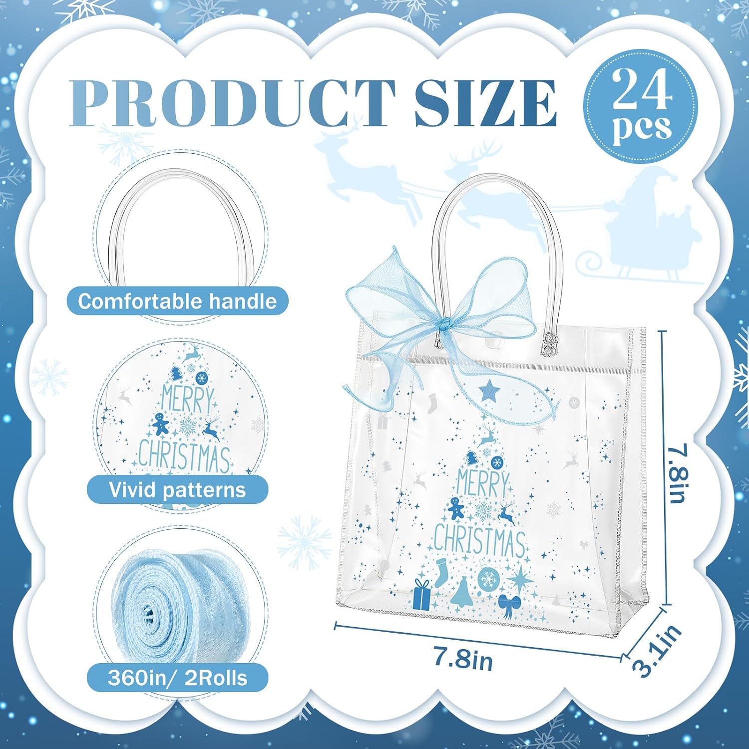 Henoyso 24 Pcs Blue Christmas Clear Gift Bags Plastic Goodie Candy Treat Bag with Handles PVC Gift Wrap Totes with Ribbon for Xmas Party Favors (7.8 x 7.8 x 3.1)