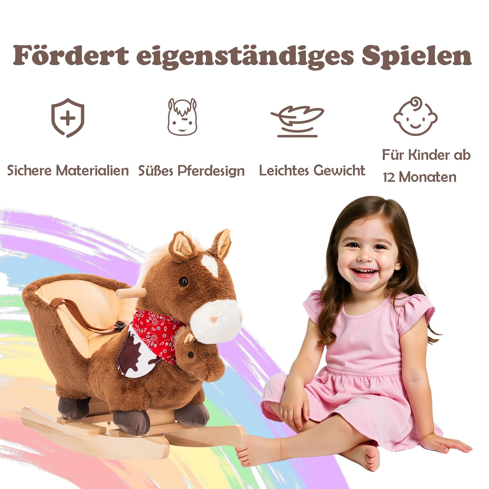 Schaukeltier mit Handpuppe, Kinder Schaukelstuhl mit Sicherheitsgurt, 12 bis 36 Monaten (Braun)