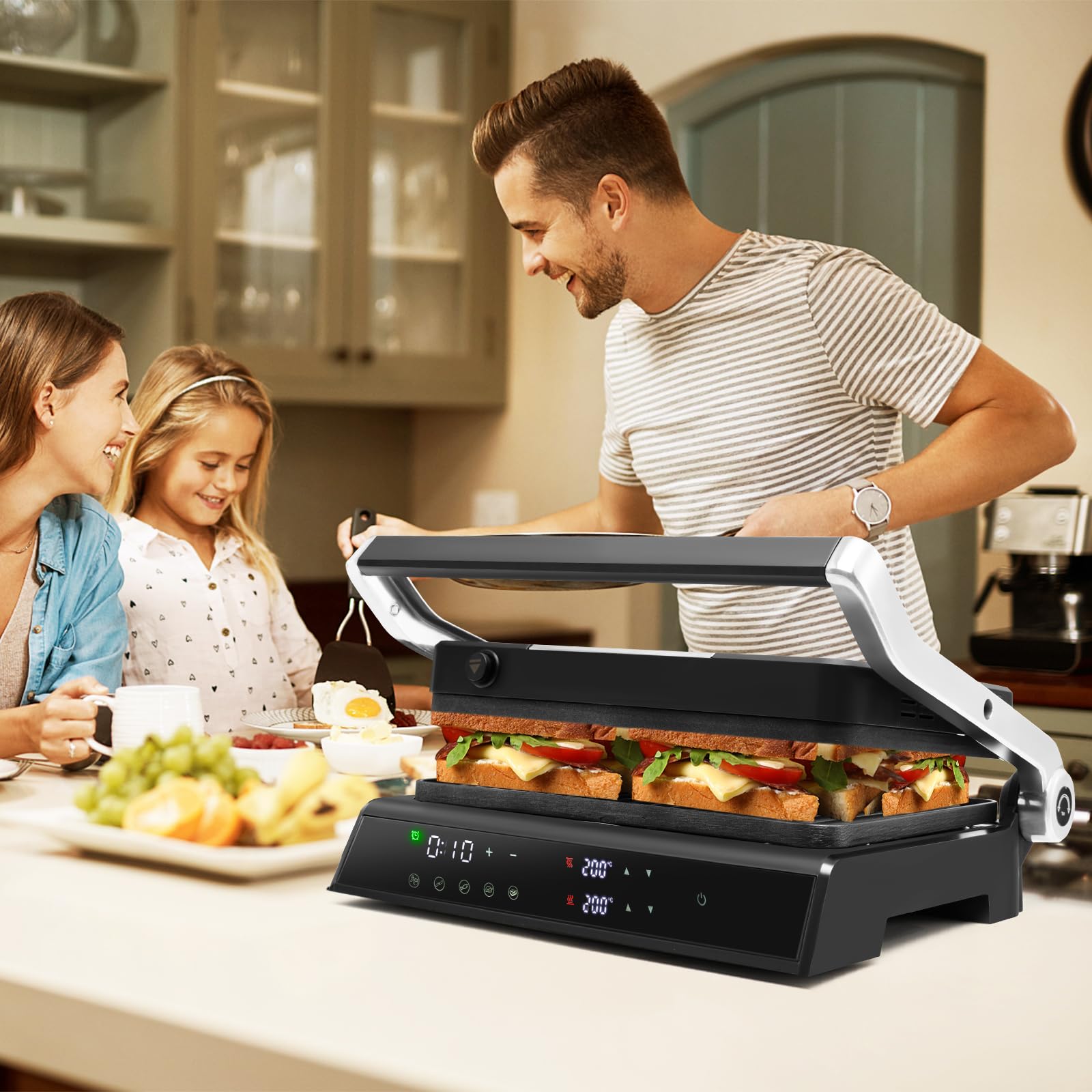 SOARS Sandwichmaker 3-in-1, 1800 – 2000 W, elektrische Panini-Maschine mit 5 Kochmodi, 200 – 230 °C, Öffnungswinkel 180 °, Grillplatte, abnehmbar und waschbar, Timer 0 – 4 Stunden, Schwarz