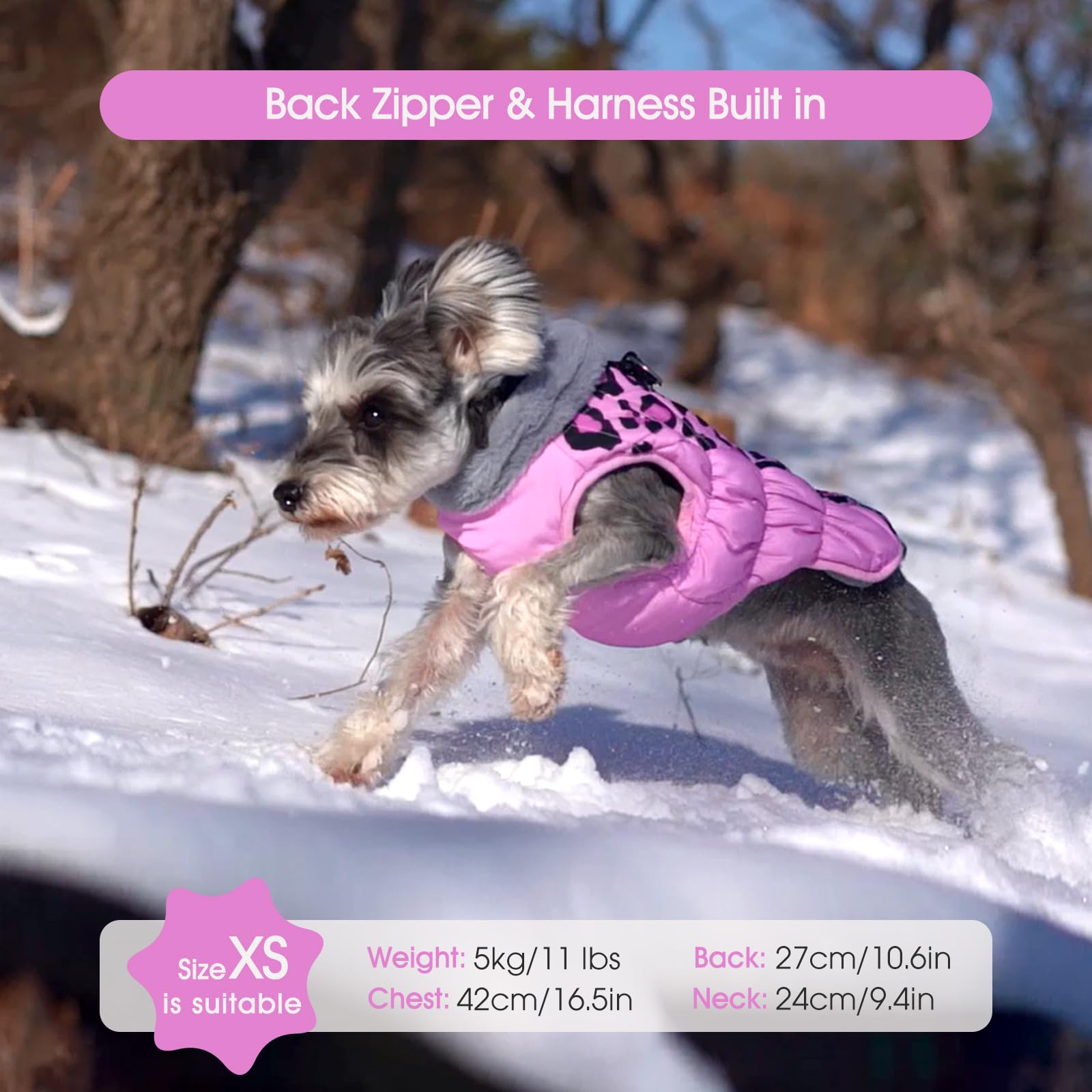 FUAMEY Abrigo de invierno para perro, chaqueta para clima frío con cremallera, arnés integrado, chaleco acolchado, resistente al agua, reflectante, leopardo rosa, S/M/L/XL