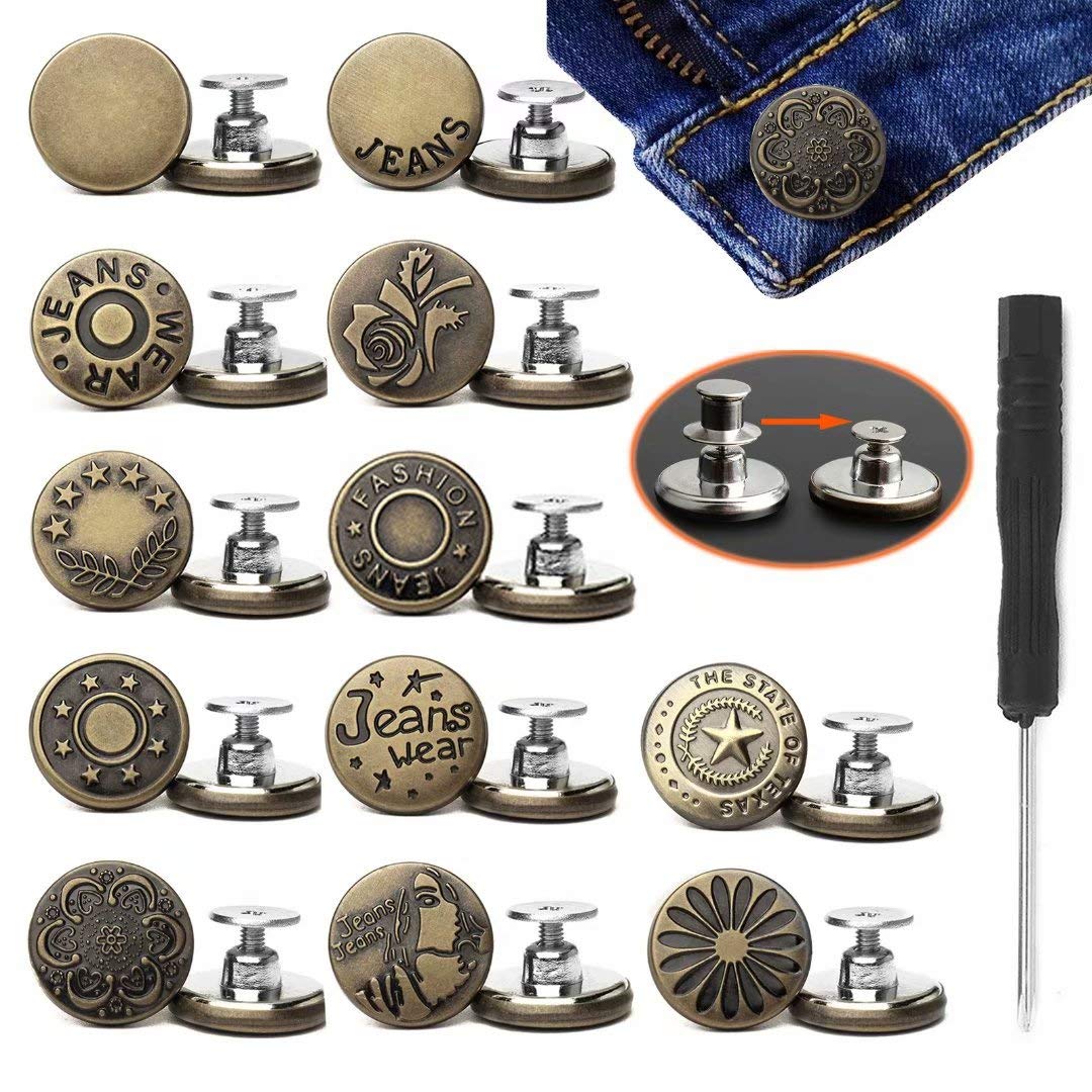 12 PCS Perfect Fit Button No Sew Needed Adjustable Replacement Jean Buttons Set with Screwdrivers Metal Adds Or Reduces an Inch to Any Pants Waist in Seconds Bronze