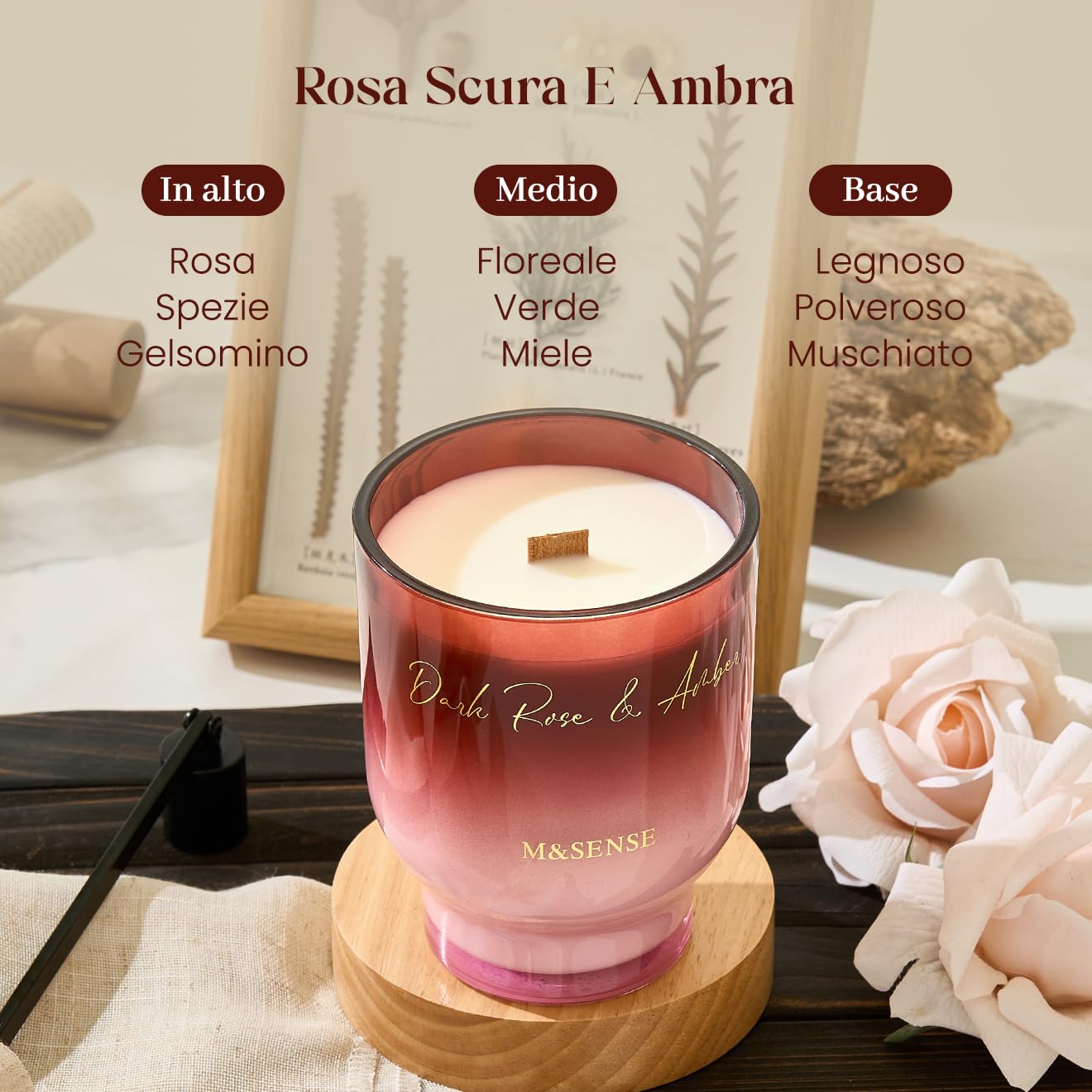 M&SENSE Grandi Candela Profumata 470g Rosa Scura e Ambra con Stoppino Scoppiettante, 110H Dura, Cera di Soia Non Tossico Aromaterapia Candele, Vetro Design Room Decor, Regalo di Lusso per Donne/Natale